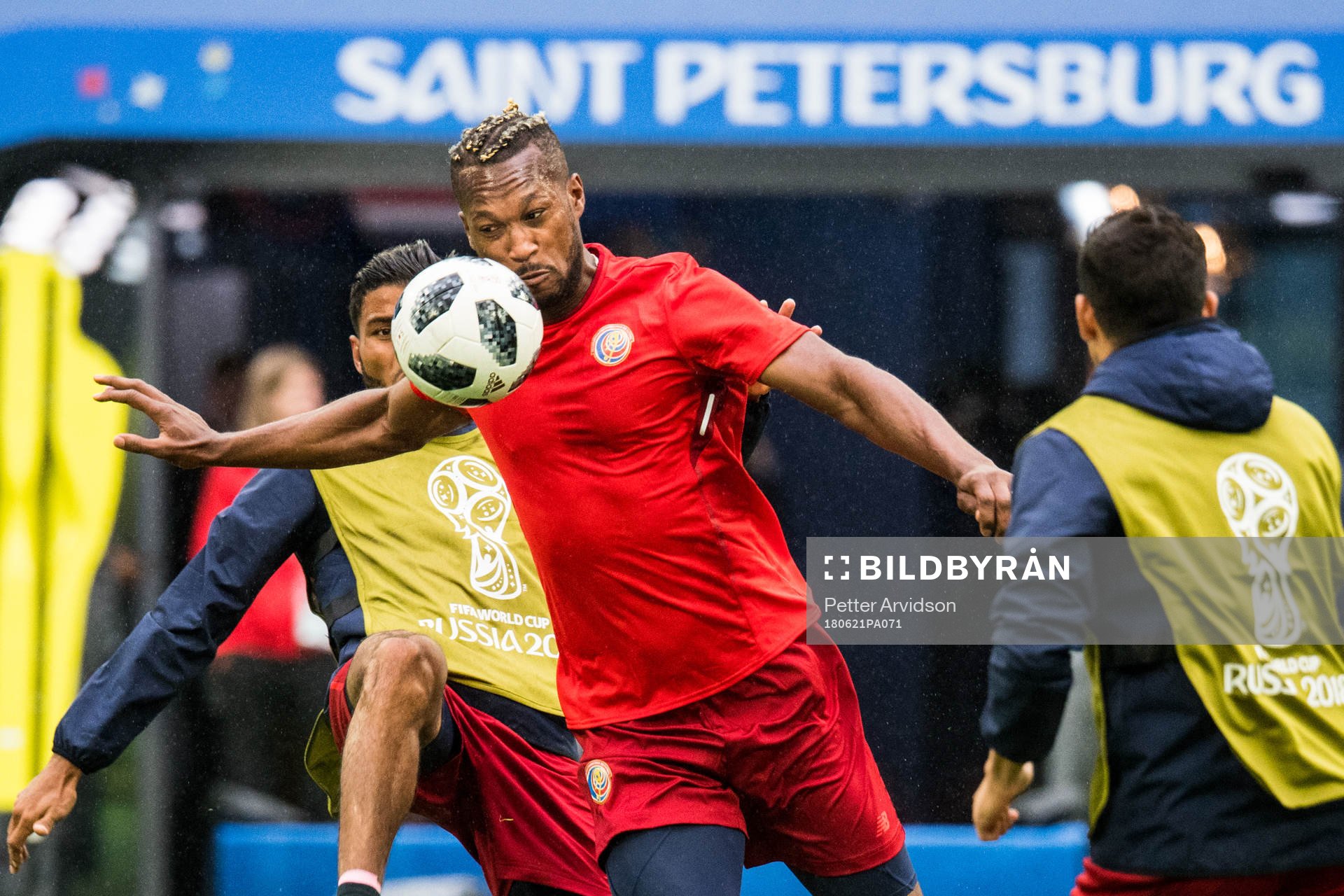 Kendall Waston of Costa Rica during a practice session during the FIFA World Cup on June 21, 2018 in Sankt Petersburg.