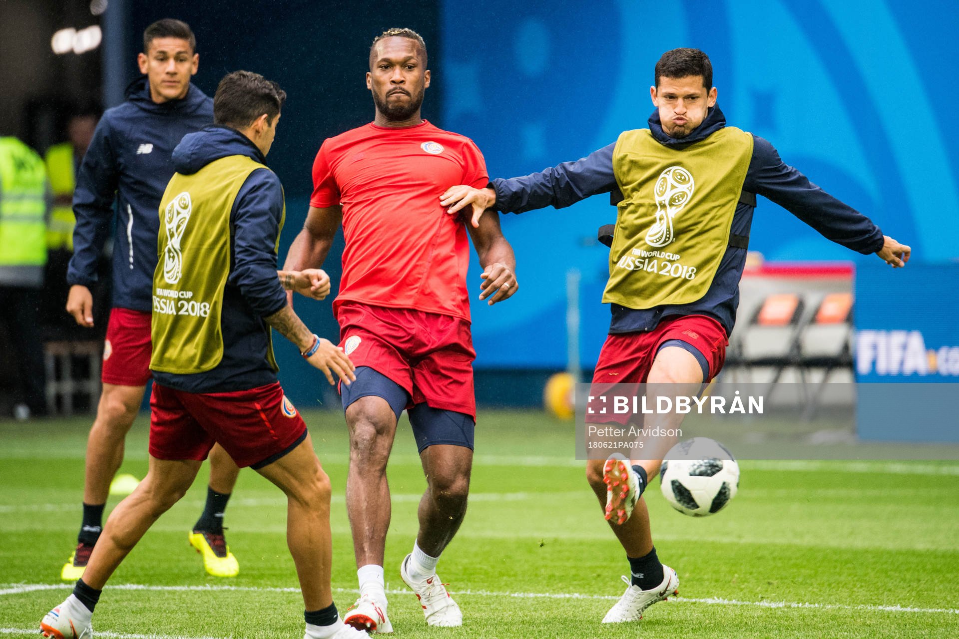 Kendall Waston and Daniel Colindres of Costa Rica during a practice session during the FIFA World Cup on June 21, 2018 in Sankt Petersburg.