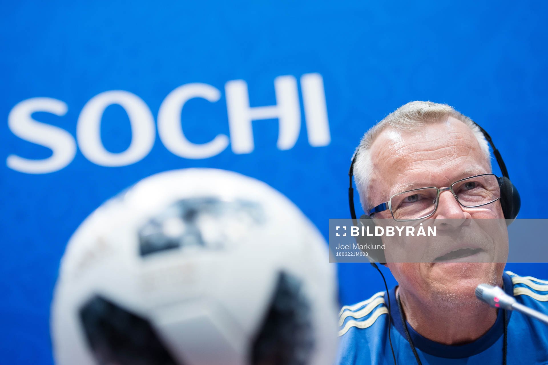 Head coach Janne Andersson of the Swedish national football team at a press conference during the FIFA World Cup on June 22, 2018 in Adler.