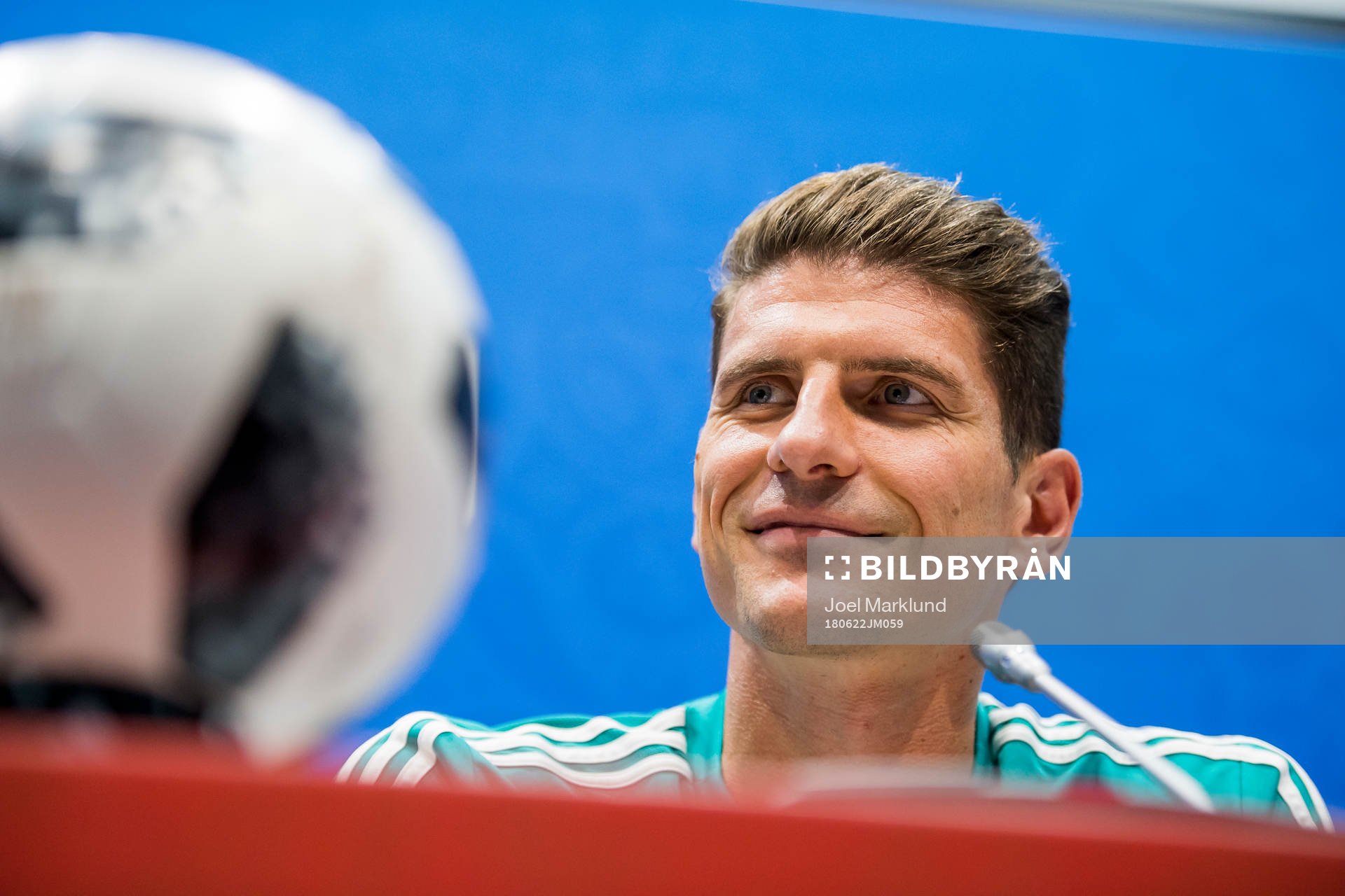 Mario Gomez of the German national football team at a press conference during the FIFA World Cup on June 22, 2018 in Adler.