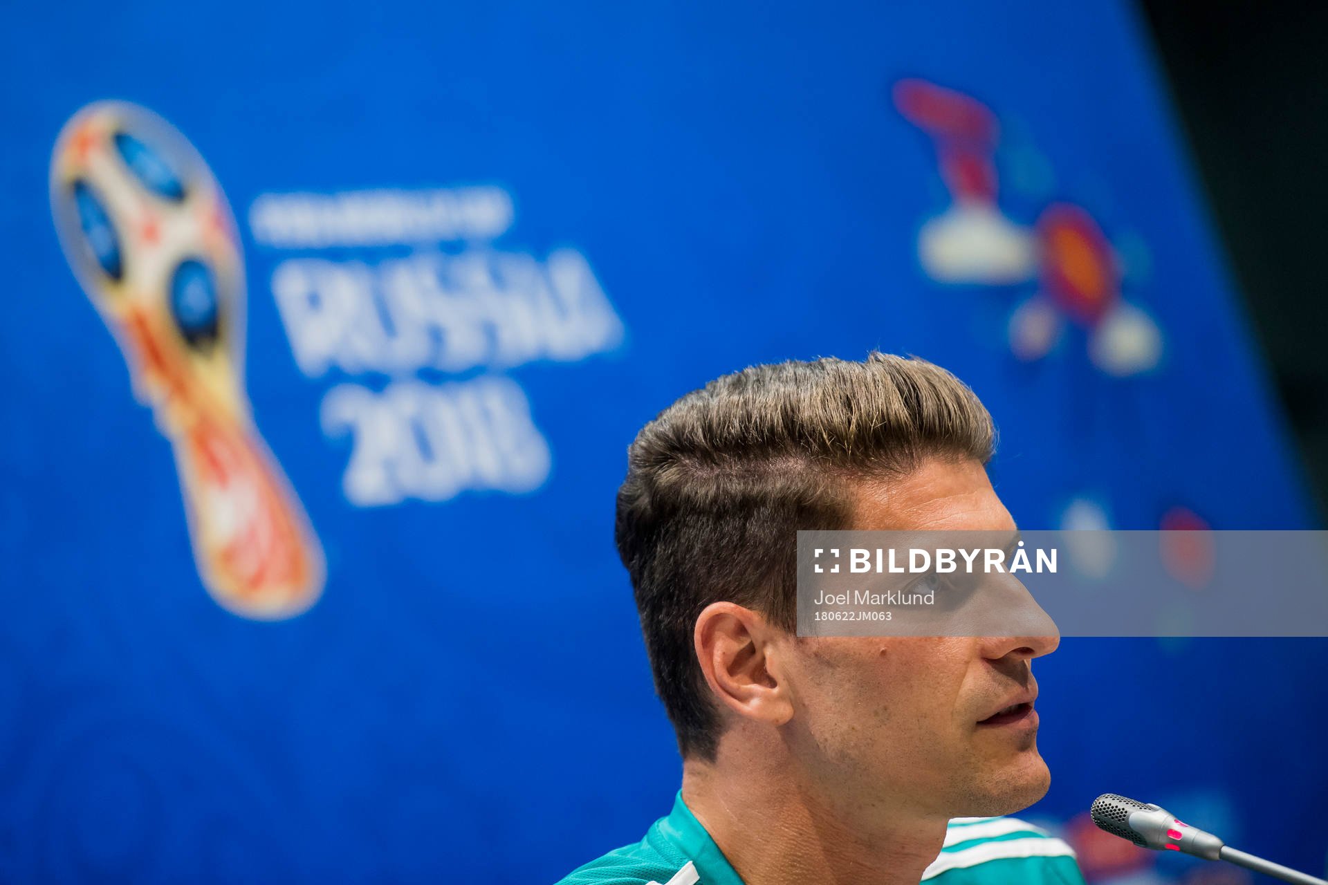 Mario Gomez of the German national football team at a press conference during the FIFA World Cup on June 22, 2018 in Adler.