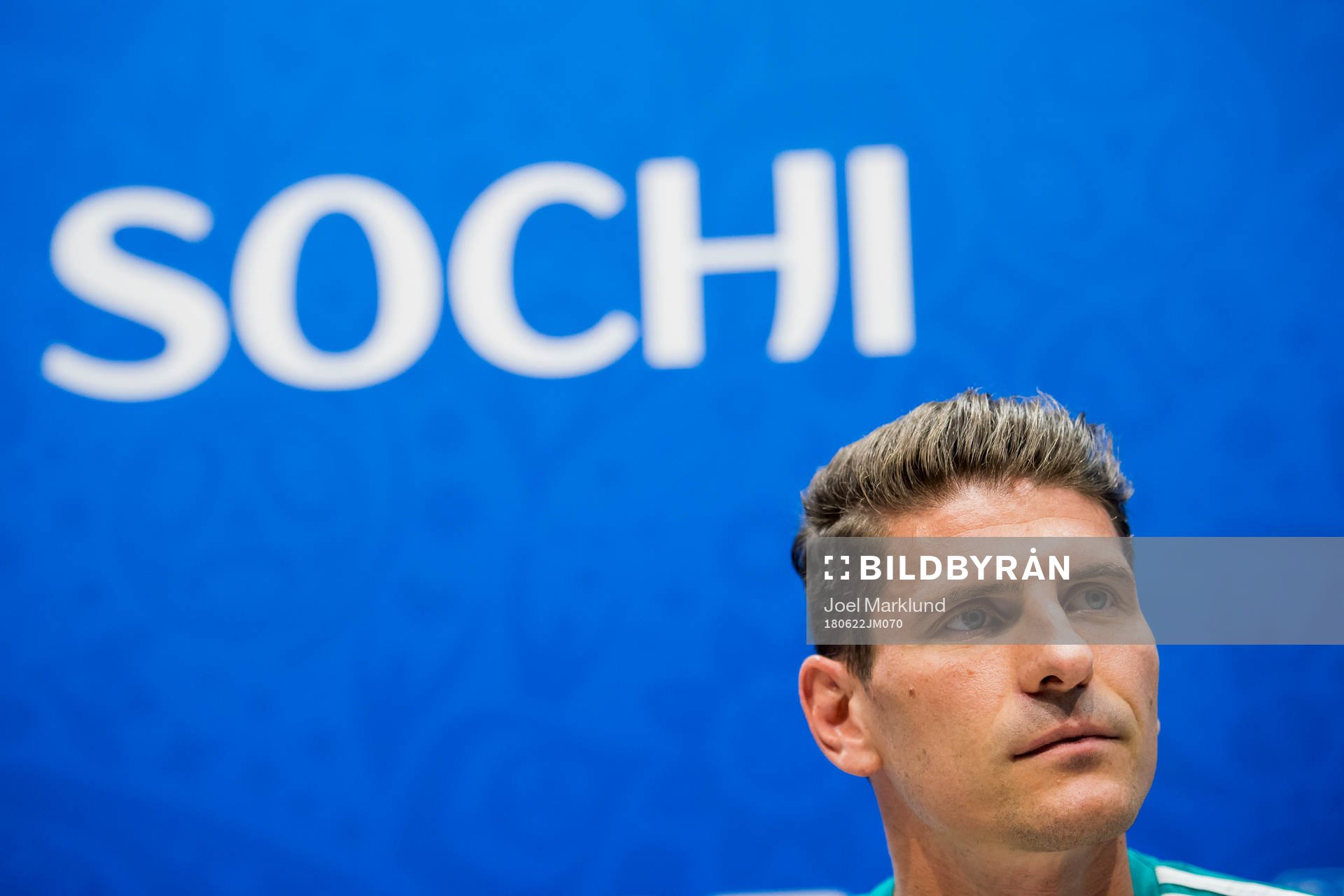 Mario Gomez of the German national football team at a press conference during the FIFA World Cup on June 22, 2018 in Adler.