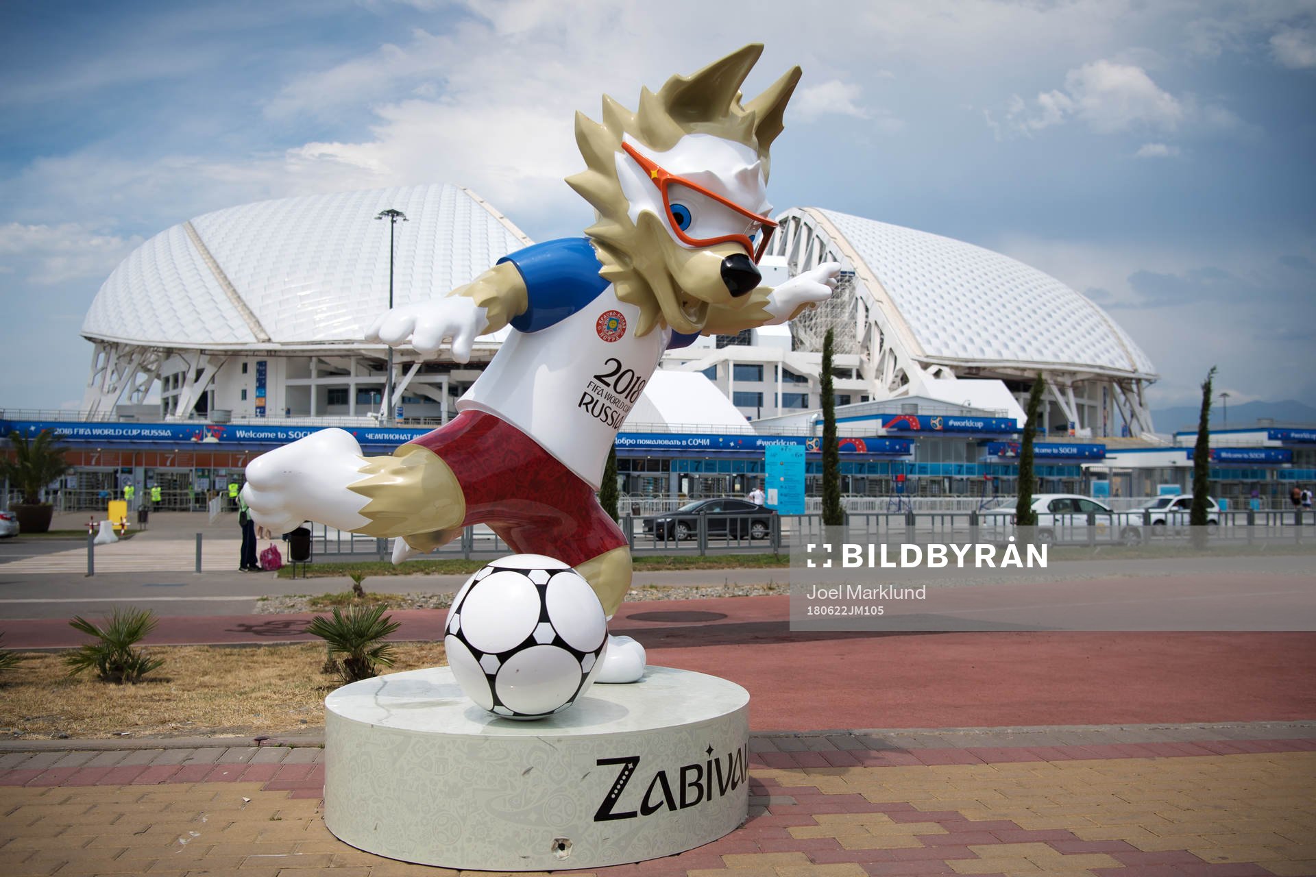 The 2018 World Cup mascot Zabivaka in front of Fisht Stadium