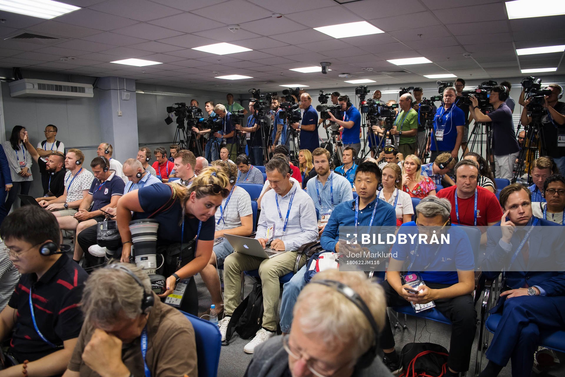 Journalists at a press conference with the Swedish national football team during the FIFA World Cup on June 22, 2018 in Adler.