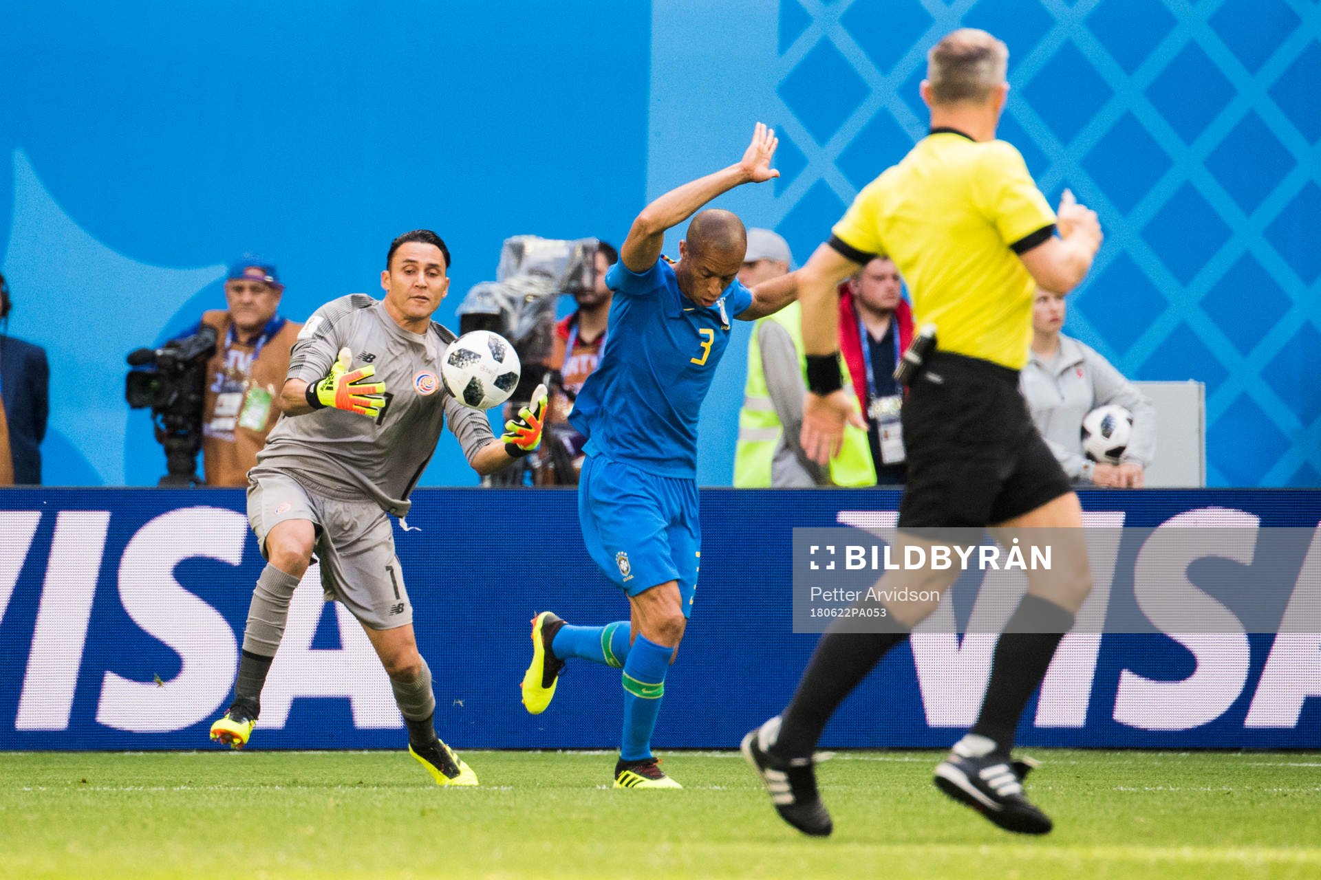 Goalkeeper Keylor Navas of Costa Rica and Miranda of Brazil