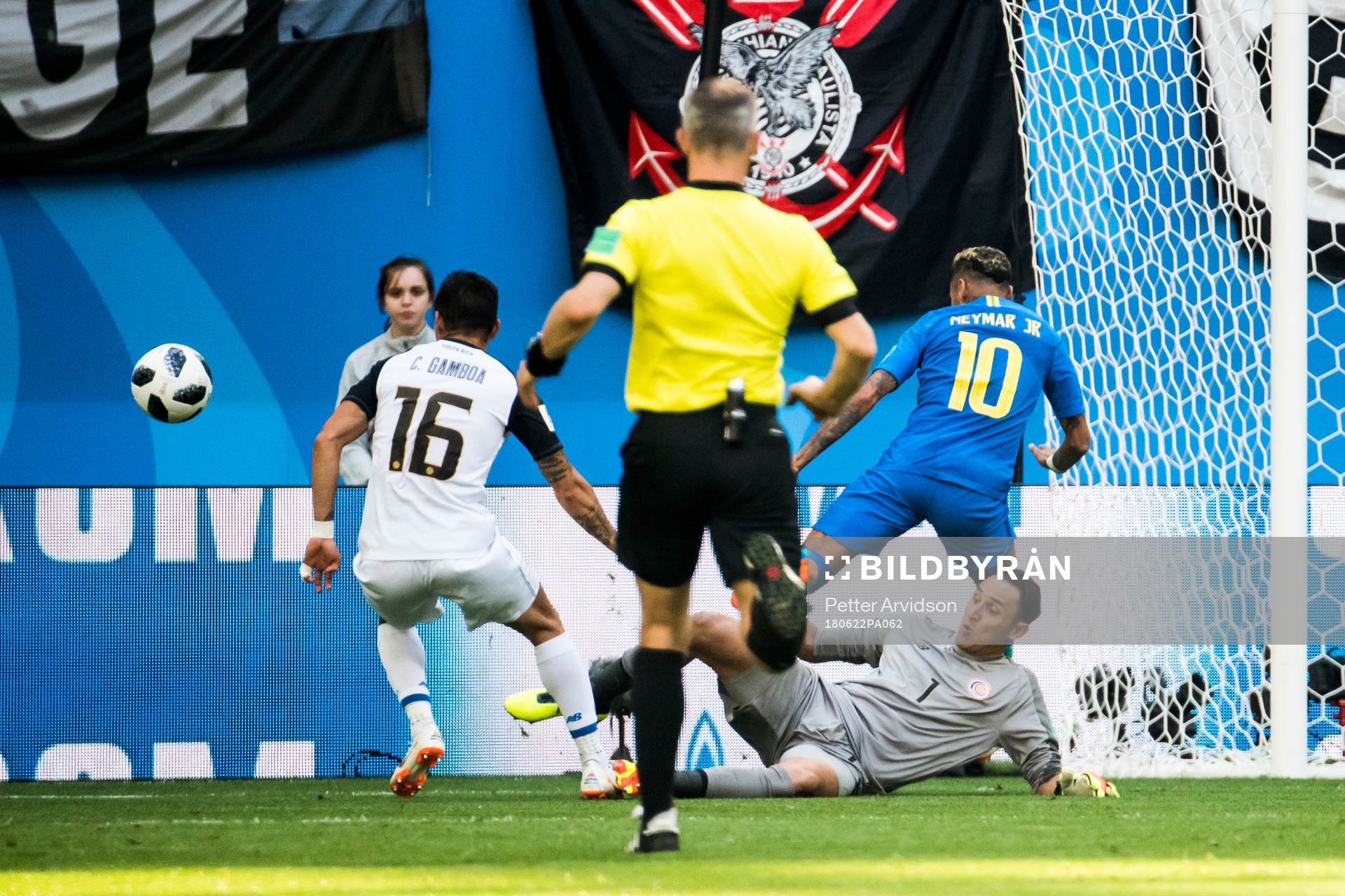 Neymar of Brazil and goalkeeper Keylor Navas of Costa Rica