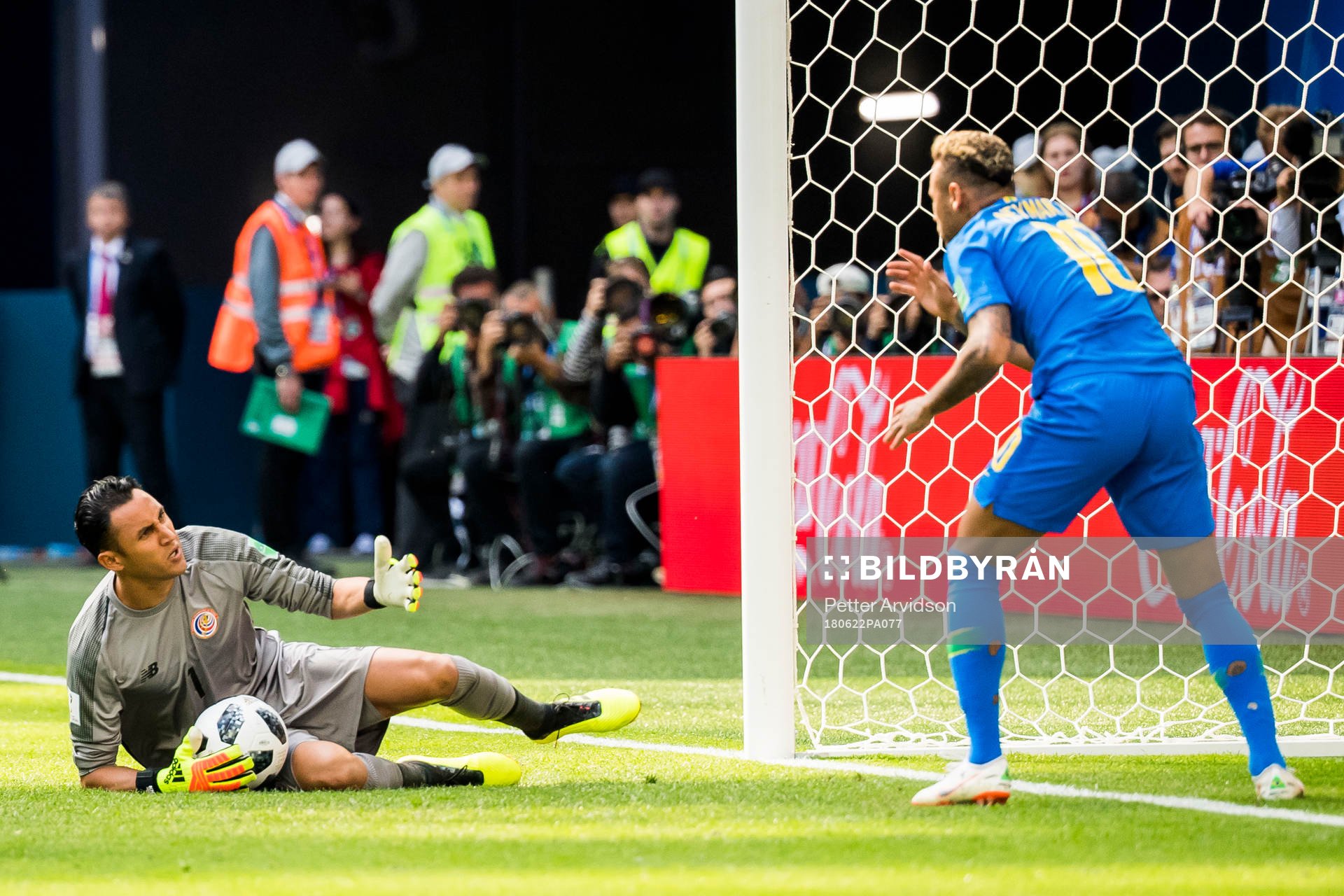 Neymar of Brazil and goalkeeper Keylor Navas of Costa Rica