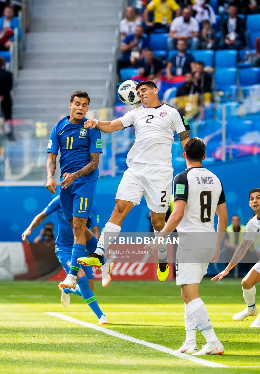 Philippe Coutinho of Brazil and Johnny Acosta of Costa Rica
