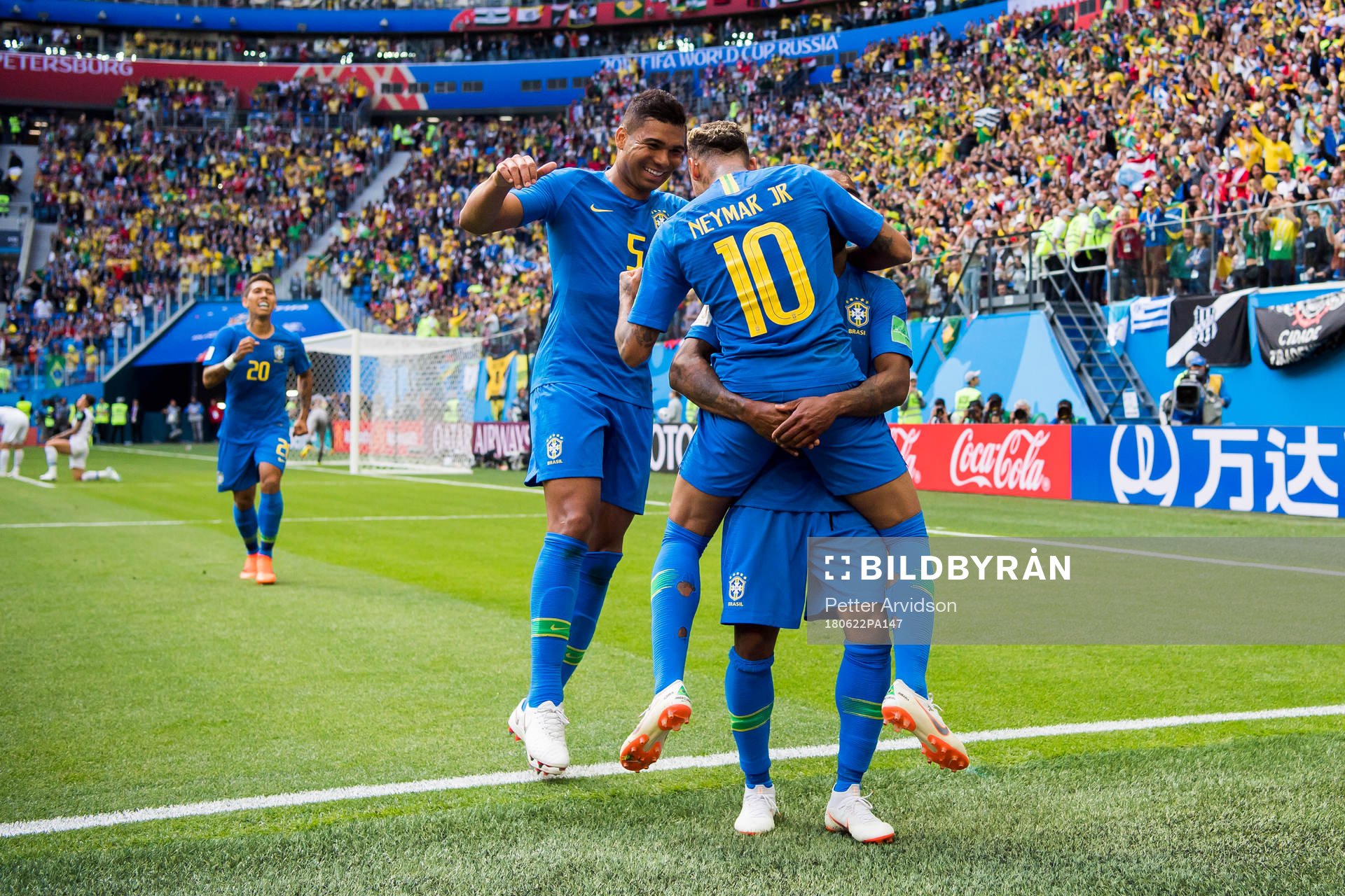 Neymar of Brazil celebrates with his teammates after scoring 2-0 the FIFA World Cup group stage match between Brazil and Costa Rica on June 22, 2018 in Sankt Petersburg.