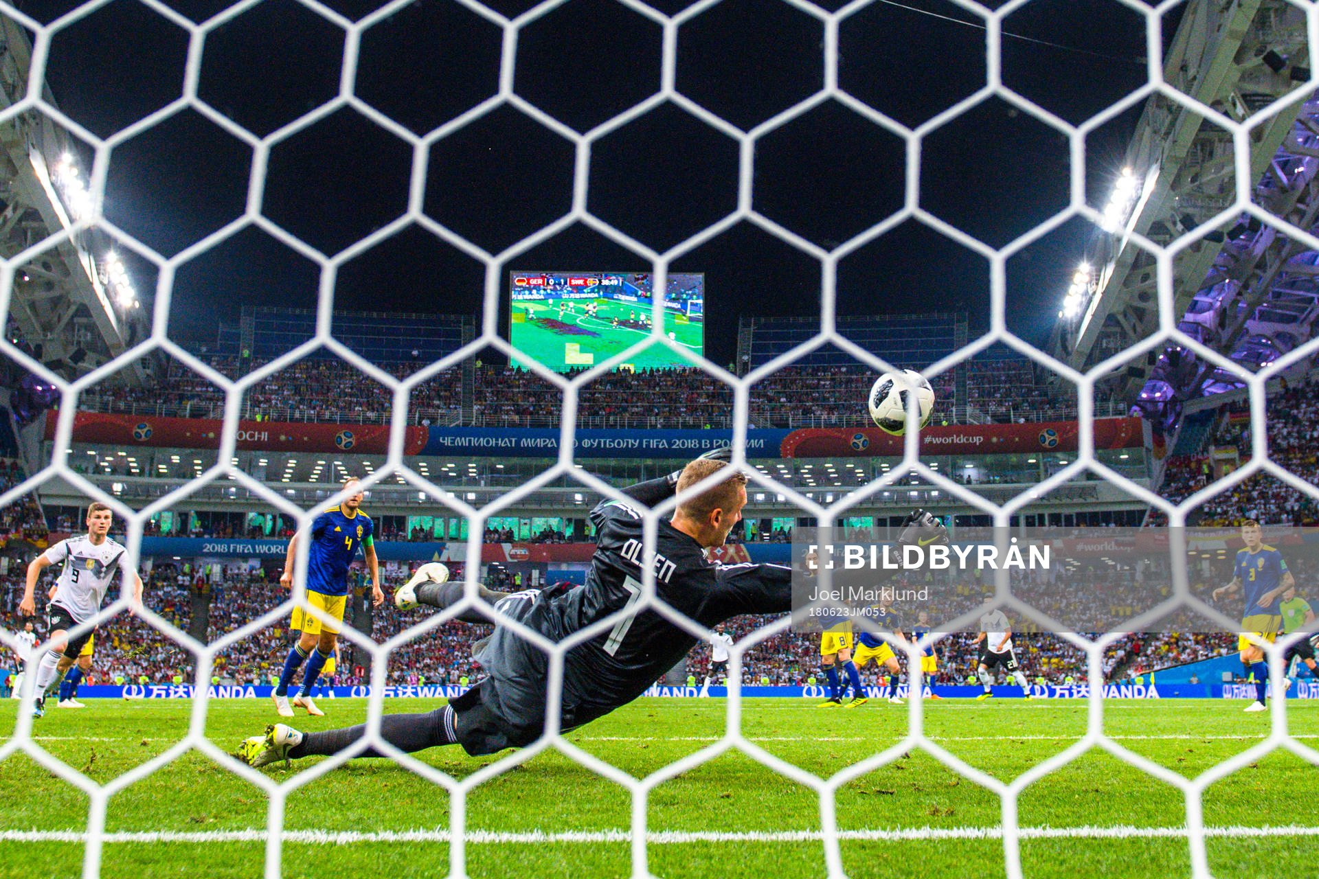 goalkeeper Robin Olsen of Sweden with a save
