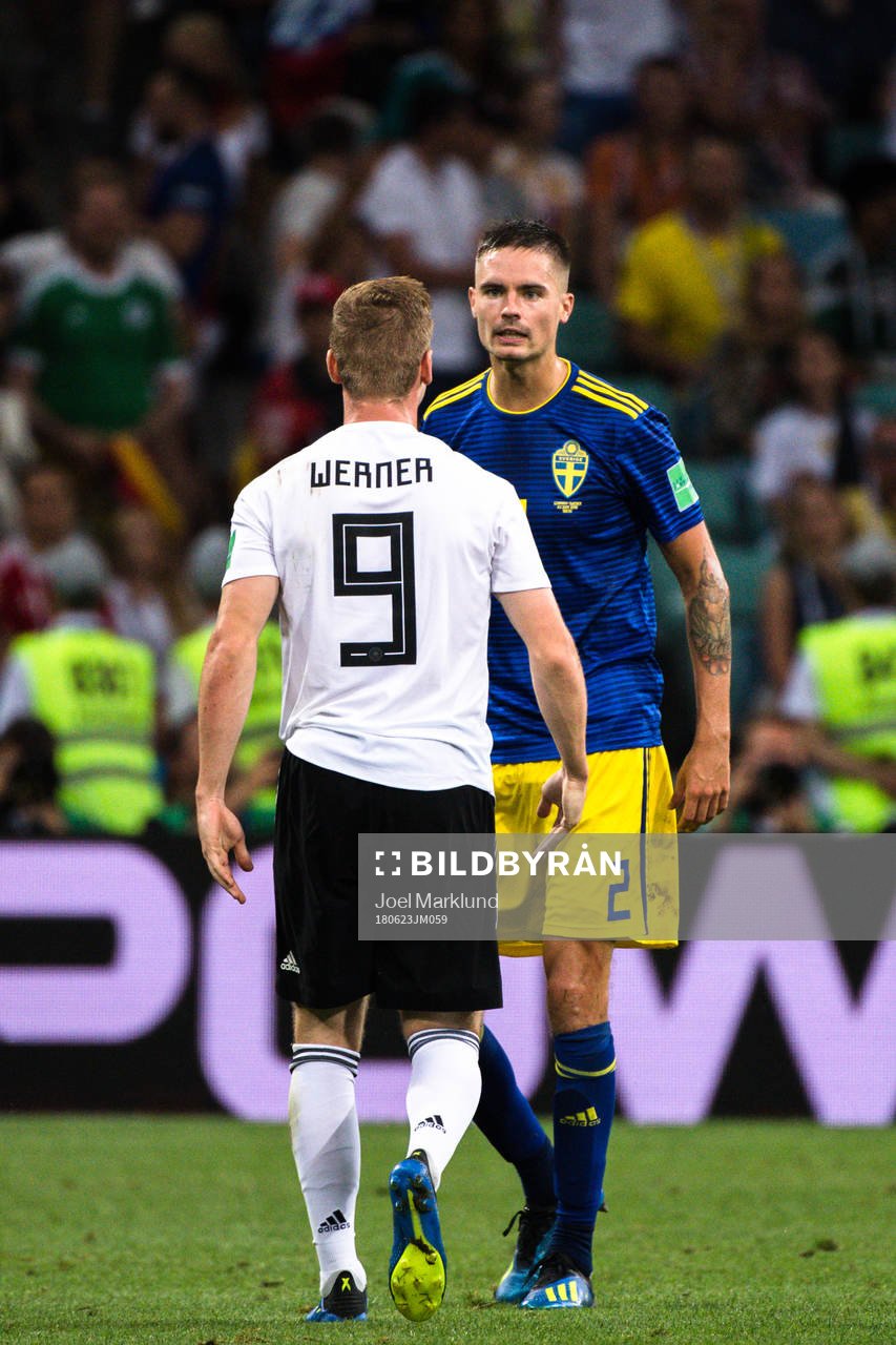 Timo Werner of Germany and Mikael Lustig of Sweden