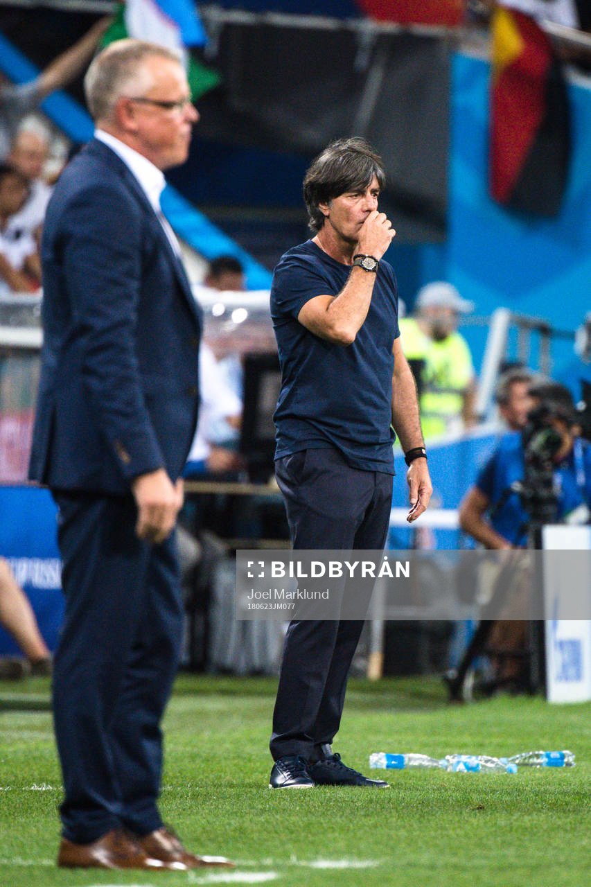 head coach Janne Andersson of Sweden and Head coach Joachim Löw of Germany during the FIFA World Cup group stage match between Germany and Sweden on June 23, 2018 in Adler.