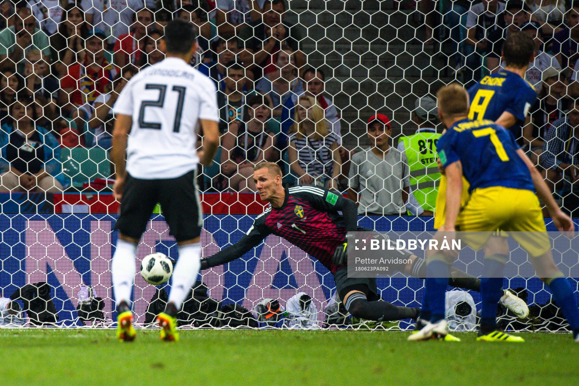 goalkeeper Robin Olsen of Sweden with a save