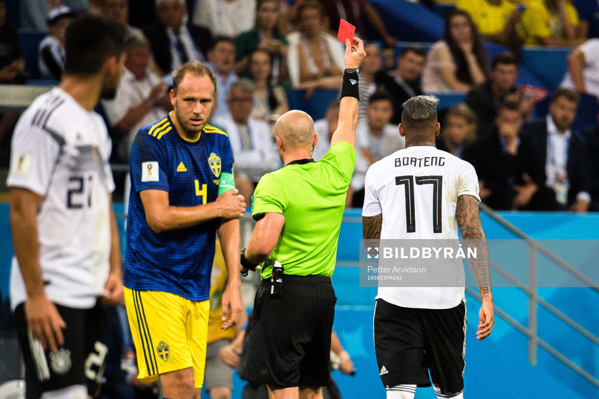 Jerome Boateng of Germany receives a red card from referee