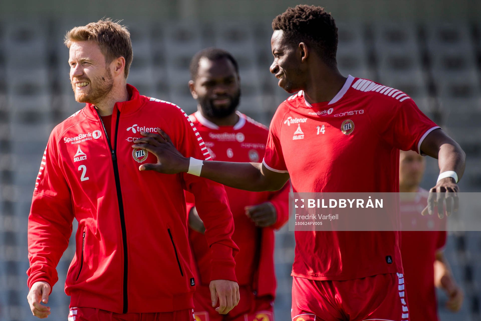 Tom Høgli and Mushaga Bakenga of Tromsø ahead of the Eliteserien match between Sarpsborg 08 and Tromsø on June 24, 2018 in Sarpsborg.
