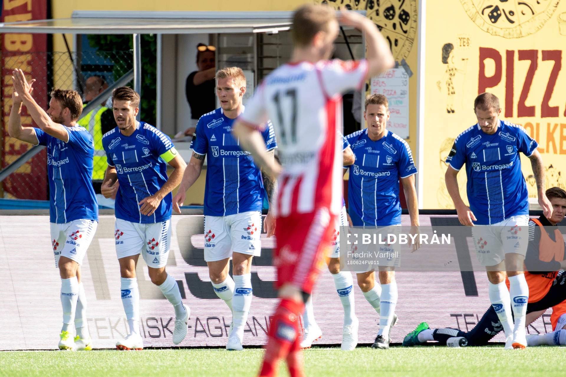 Mikkel Agger of Sarpsborg 08 celebrates with his teammates