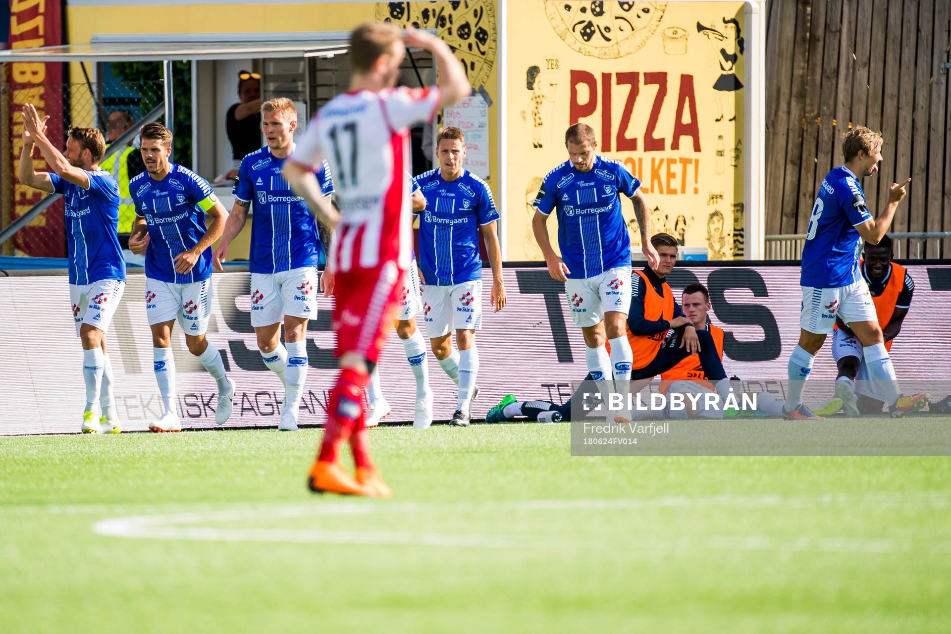 Mikkel Agger of Sarpsborg 08 celebrates with his teammates