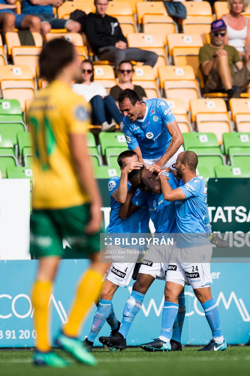 Akinsola Akinyemi of Sandnes Ulf celebrates the 0-1 goal