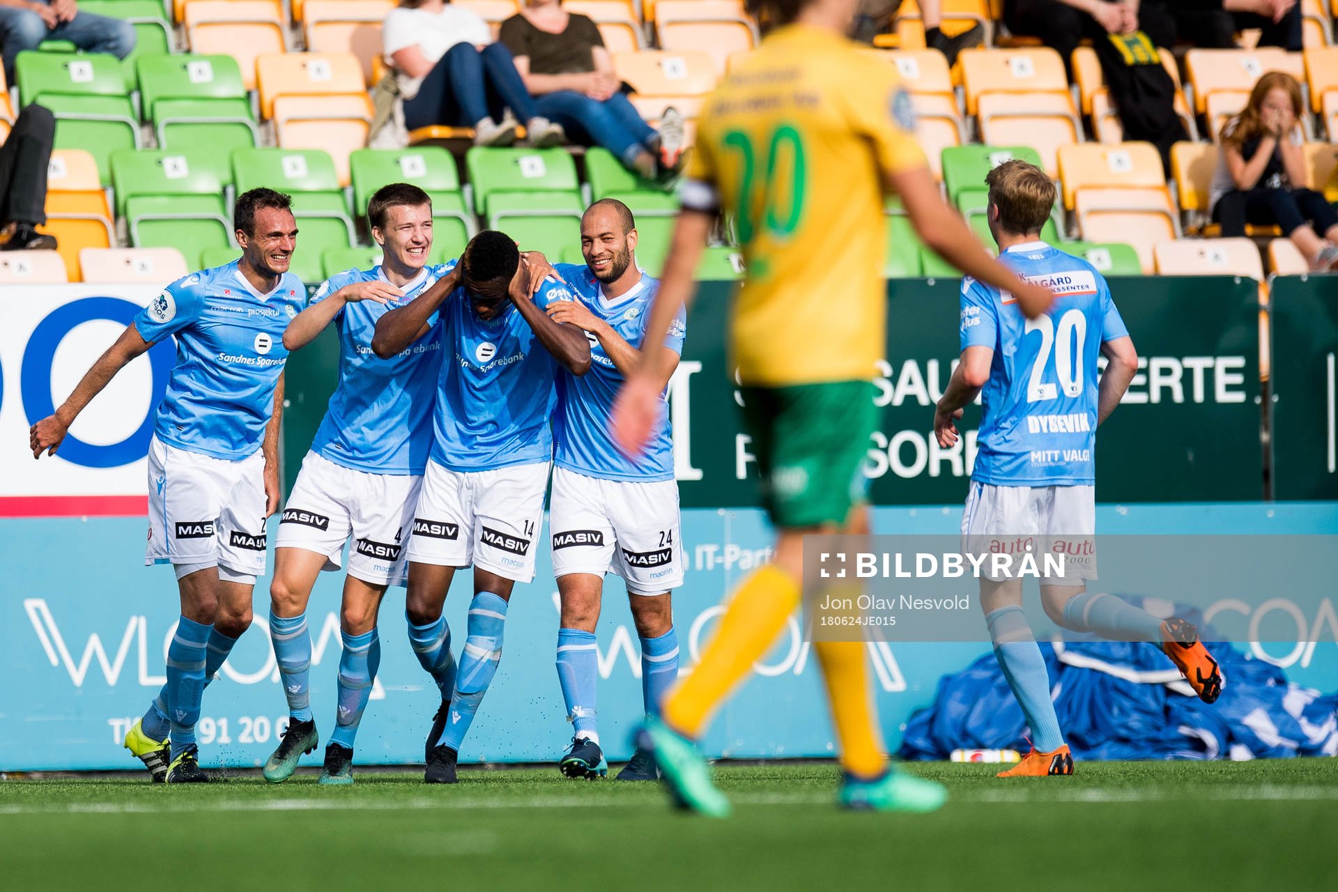 Akinsola Akinyemi of Sandnes Ulf celebrates the 0-1 goal