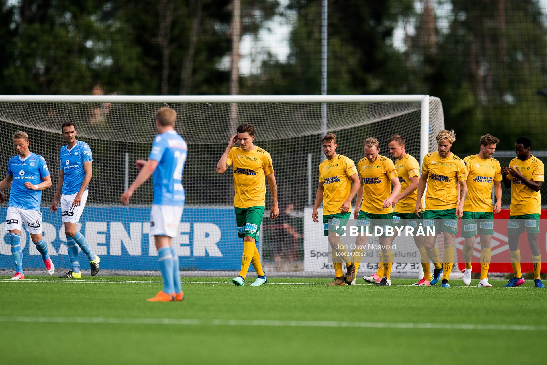 Players of Ull/Kisa celebrate the 2-1 goal during the OBOS-ligaen match between Ull/Kisa and Sandnes Ulf on June 24, 2018 in Jessheim.