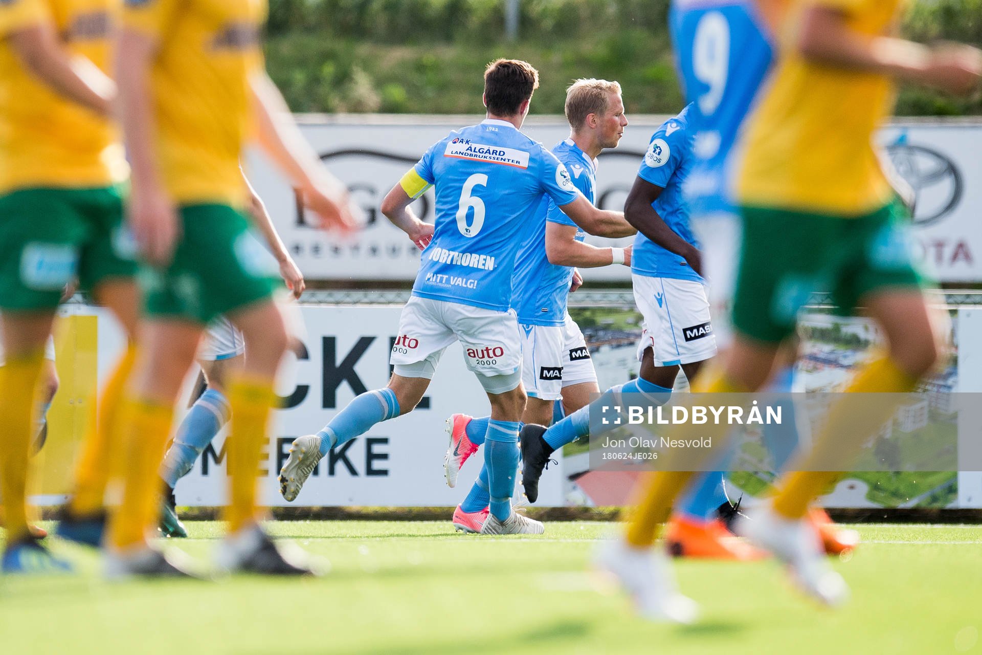 Tapio Heikkilä of Sandnes Ulf celebrates the 2-2 goal with his teammates during the OBOS-ligaen match between Ull/Kisa and Sandnes Ulf on June 24, 2018 in Jessheim.