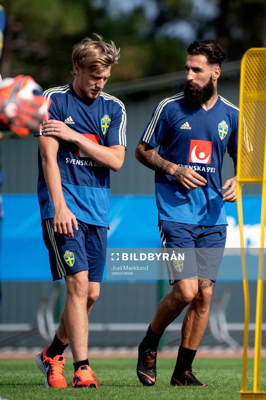 Emil Forsberg and Jimmy Durmaz of the Swedish national football team at a practice session during the FIFA World Cup on June 24, 2018 in Gelendzhik.