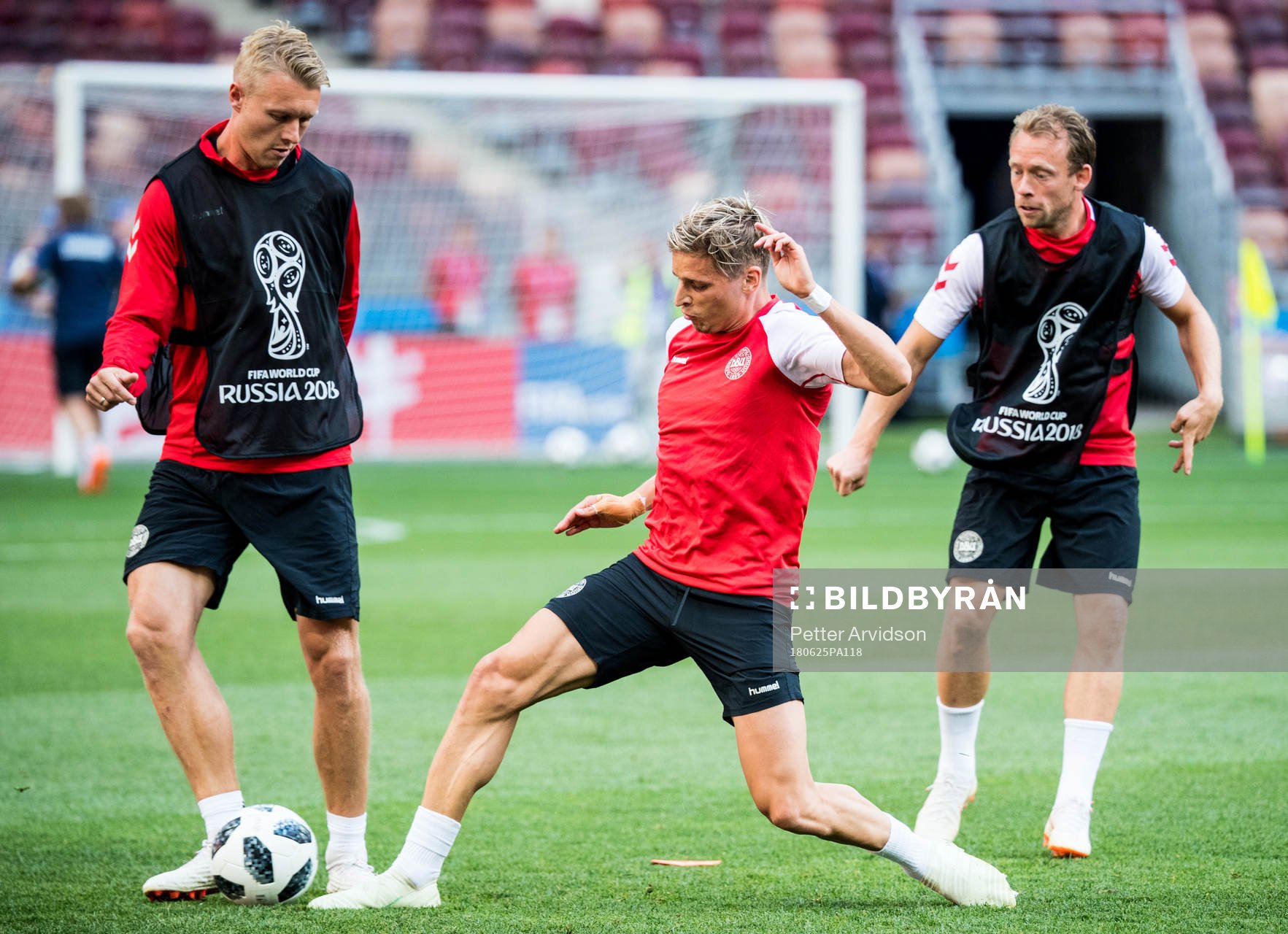 Viktor Fischer and Jens Stryger Larsen of Denmark during a practice session during the FIFA World Cup on June 25, 2018 in Moscow.