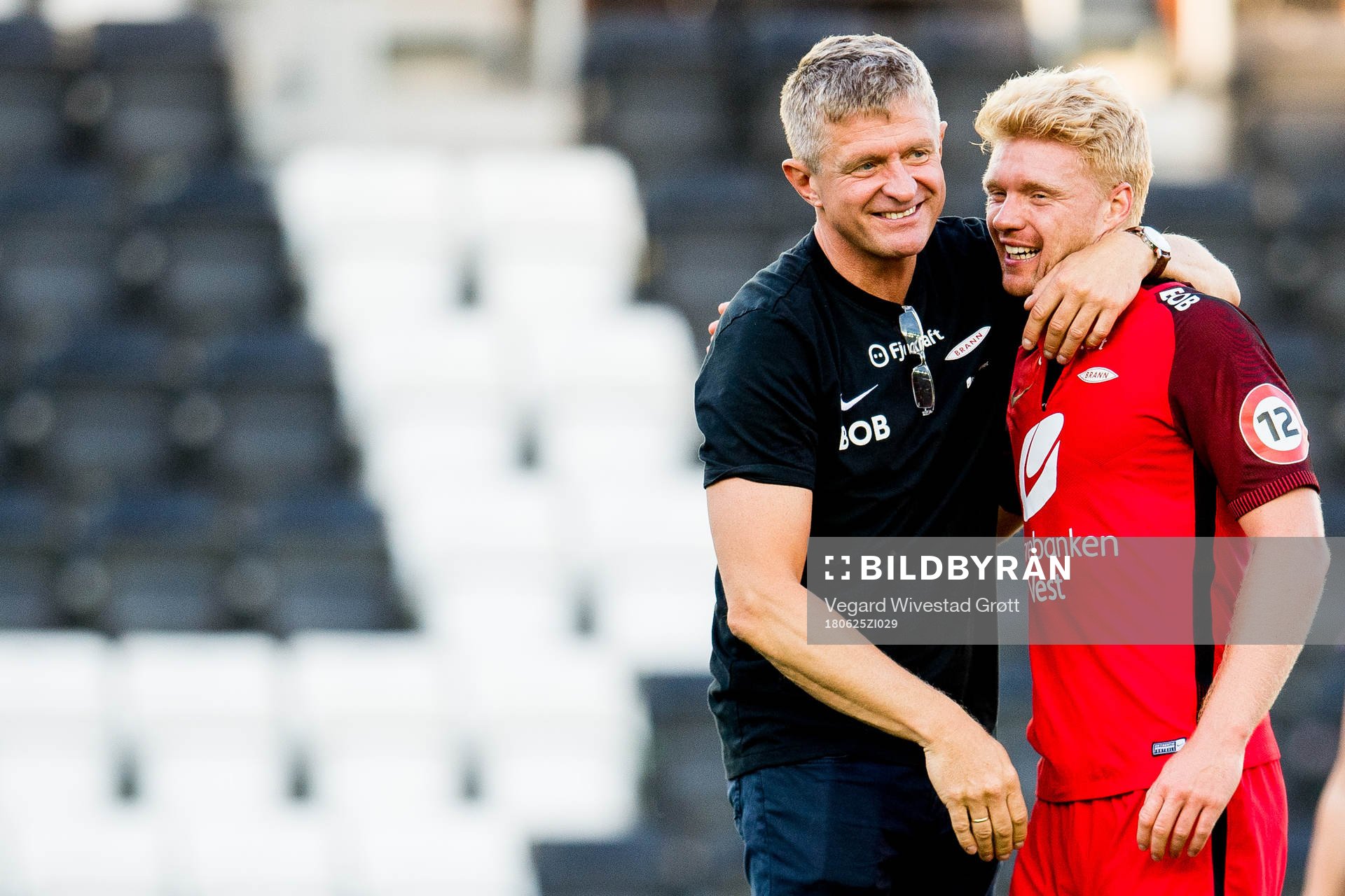 Lars Arne Nilsen, head coach of Brann, and Sivert Heltne Nilsen of Brann after the Eliteserien match between Odd and Brann on June 25, 2018 in Skien.