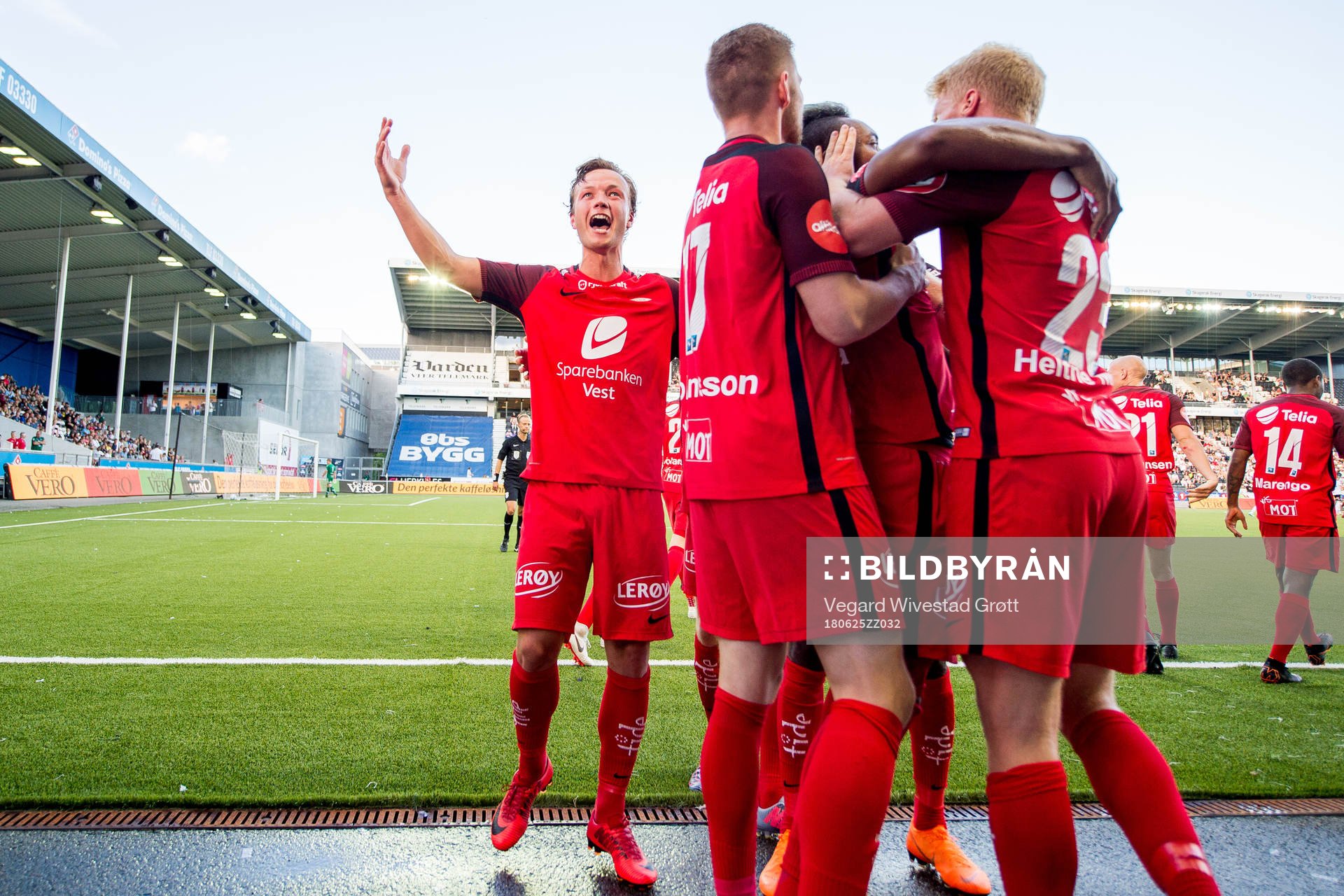 Fredrik Haugen celebrates after Brann scoring 1-0 during the Eliteserien match between Odd and Brann on June 25, 2018 in Skien.