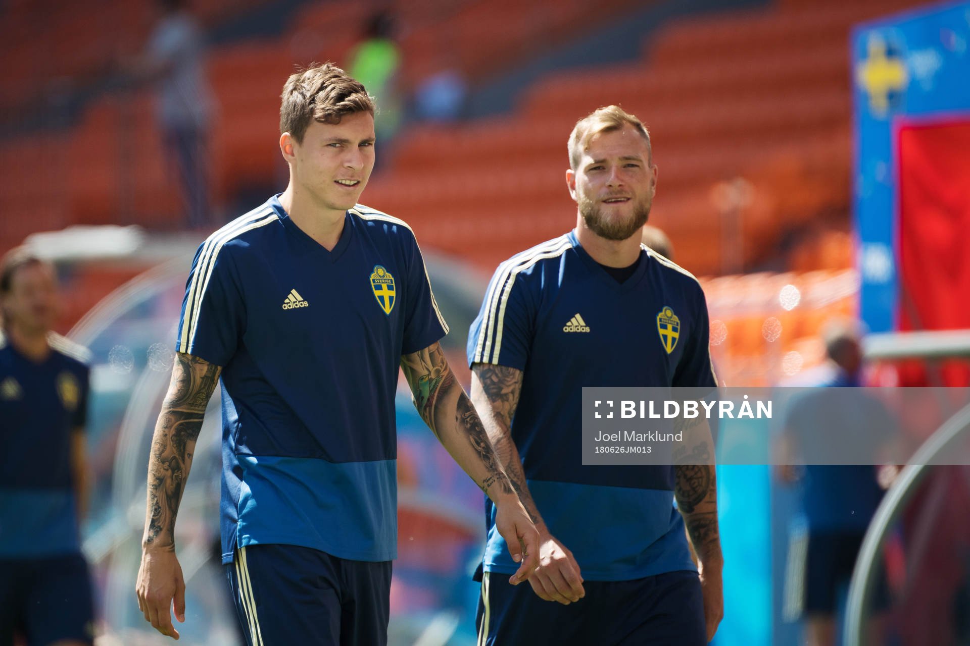 Victor Nilsson Lindelöf and John Guidetti of the Swedish national football team at a practice session during the FIFA World Cup on June 26, 2018 in Ekaterinburg.