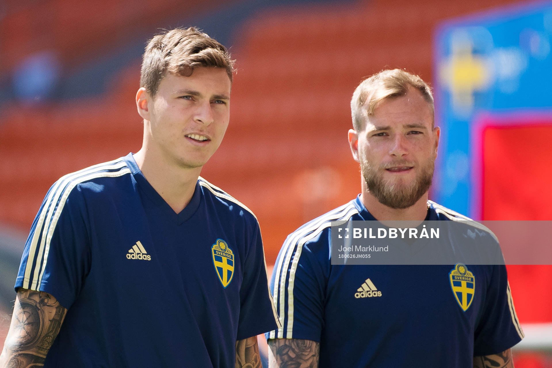 Victor Nilsson Lindelöf and John Guidetti of the Swedish national football team at a practice session during the FIFA World Cup on June 26, 2018 in Ekaterinburg.
