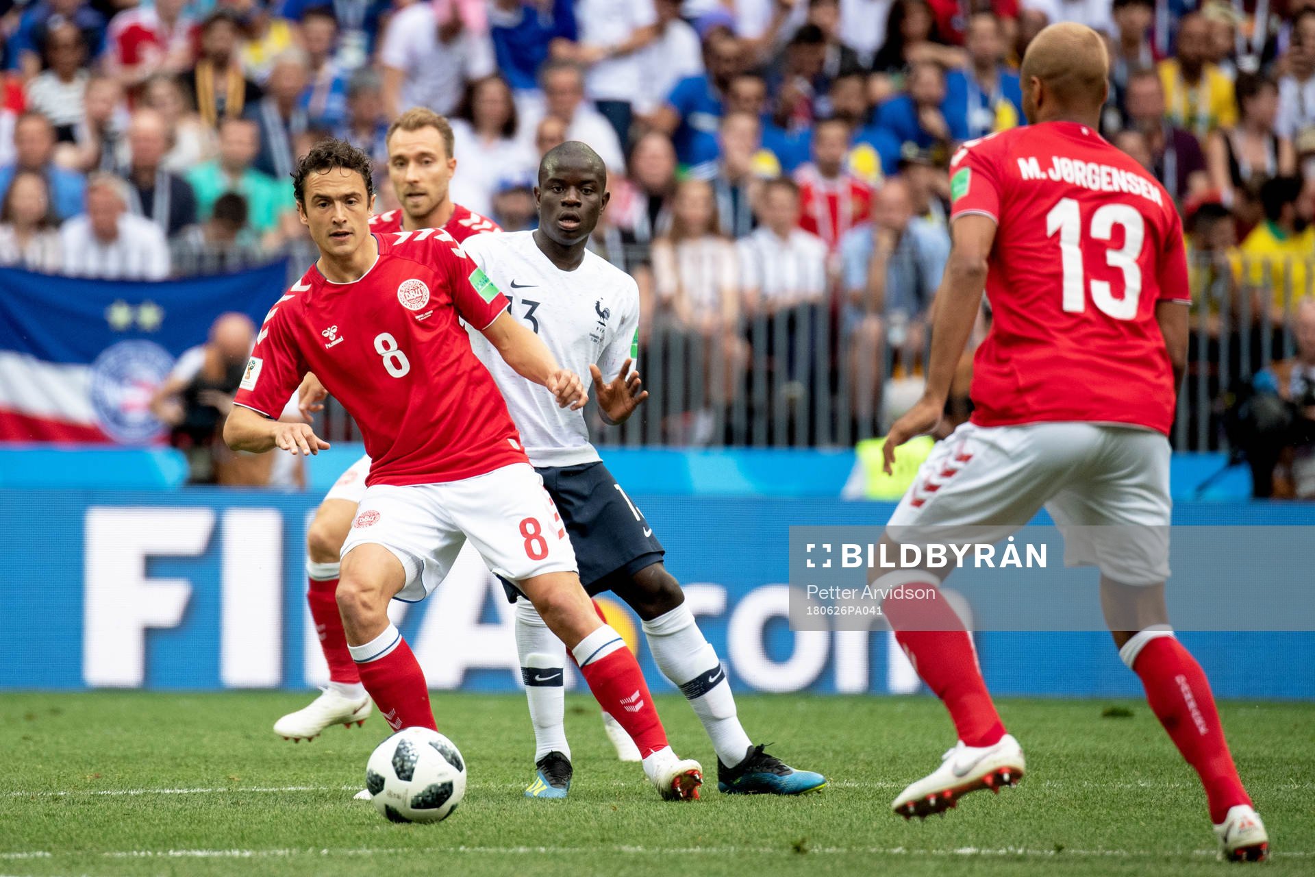 Thomas Delaney of Denmark and Ngolo Kante of France during the FIFA World Cup group stage match between Denmark and France on June 26, 2018 in Moscow.