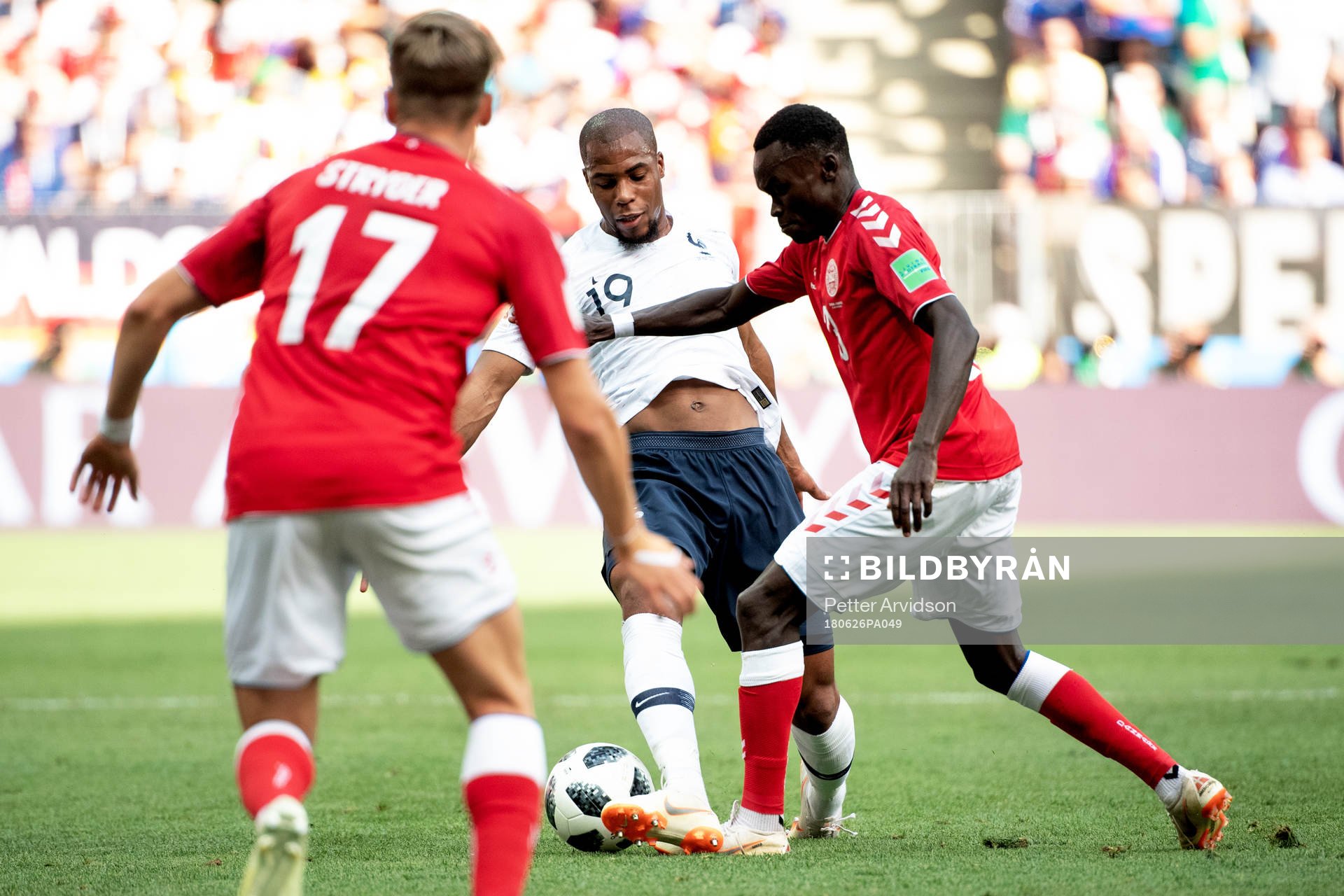 Djibril Sidibe of France and Pione Sisto of Denmark during the FIFA World Cup group stage match between Denmark and France on June 26, 2018 in Moscow.