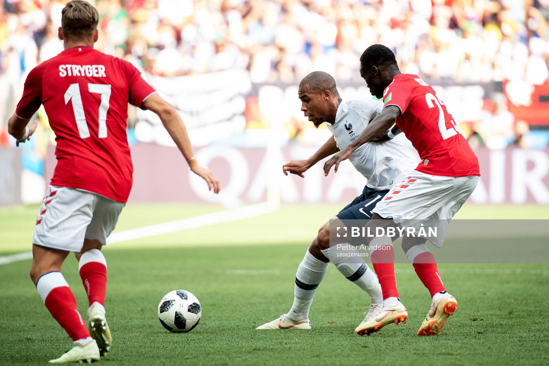 Djibril Sidibe of France and Pione Sisto of Denmark during the FIFA World Cup group stage match between Denmark and France on June 26, 2018 in Moscow.