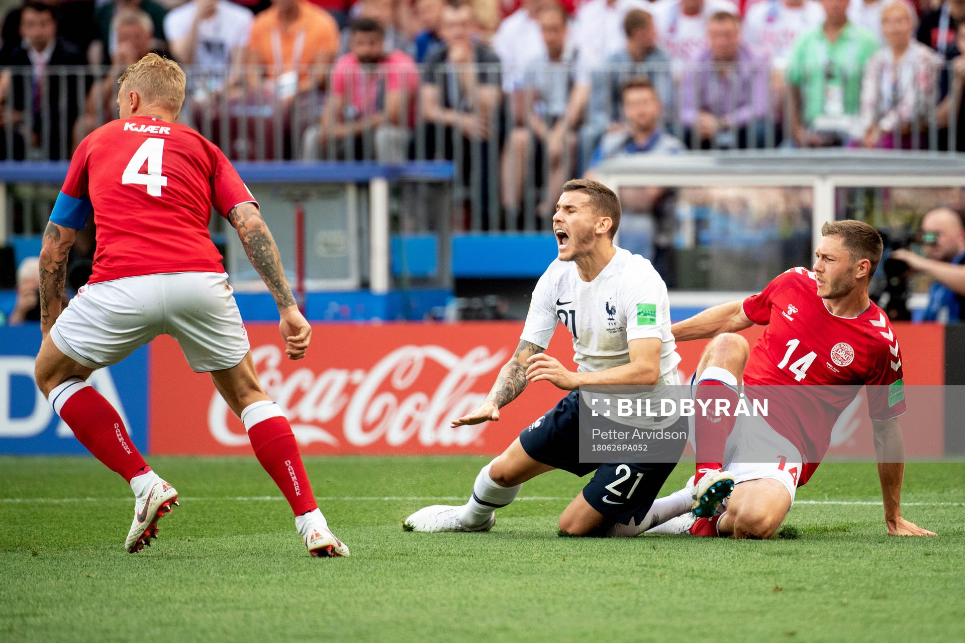 Lucas Hernandez of France and Henrik Dalsgaard of Denmark