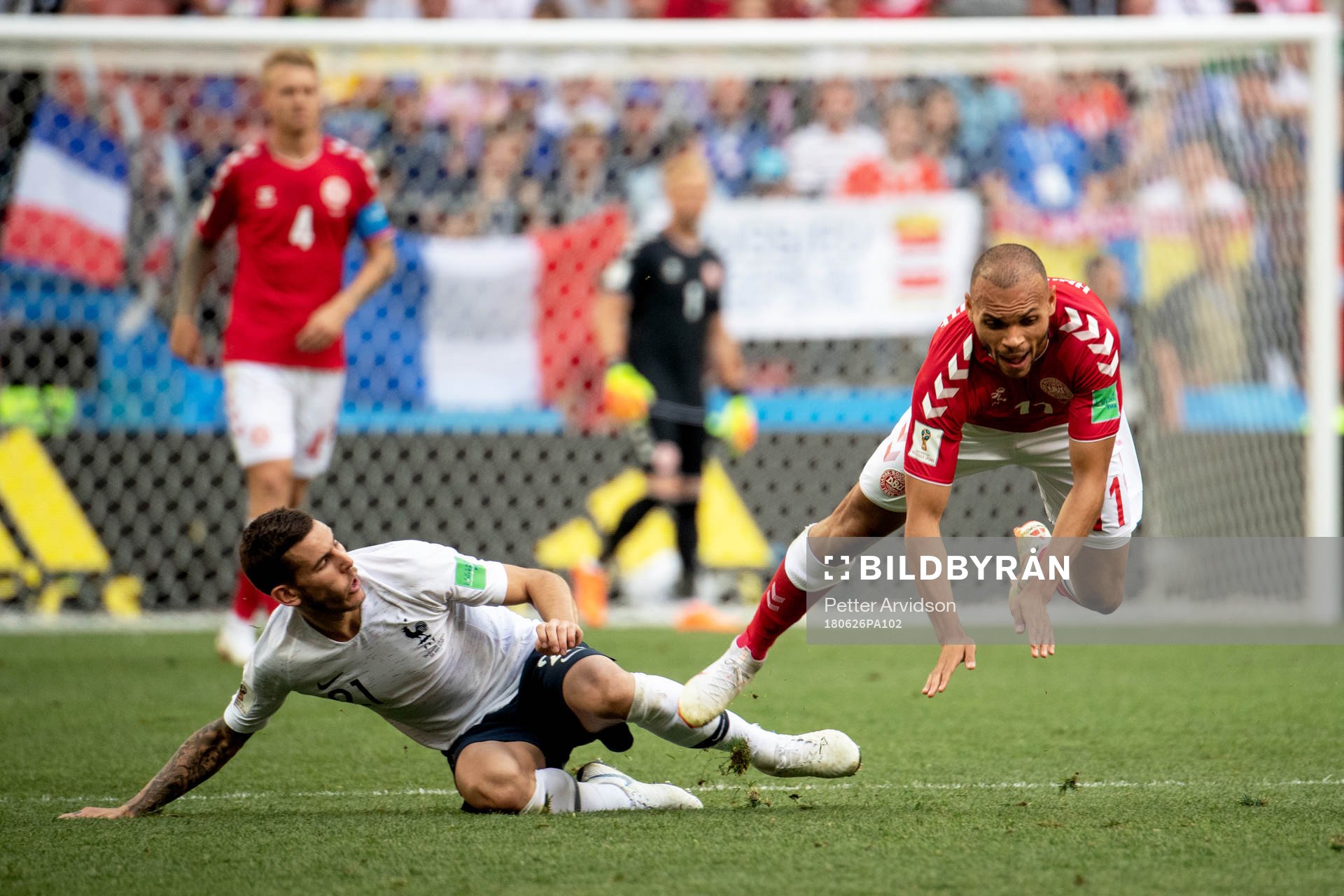 Lucas Hernandez of France and Martin Braithwaite of Denmark