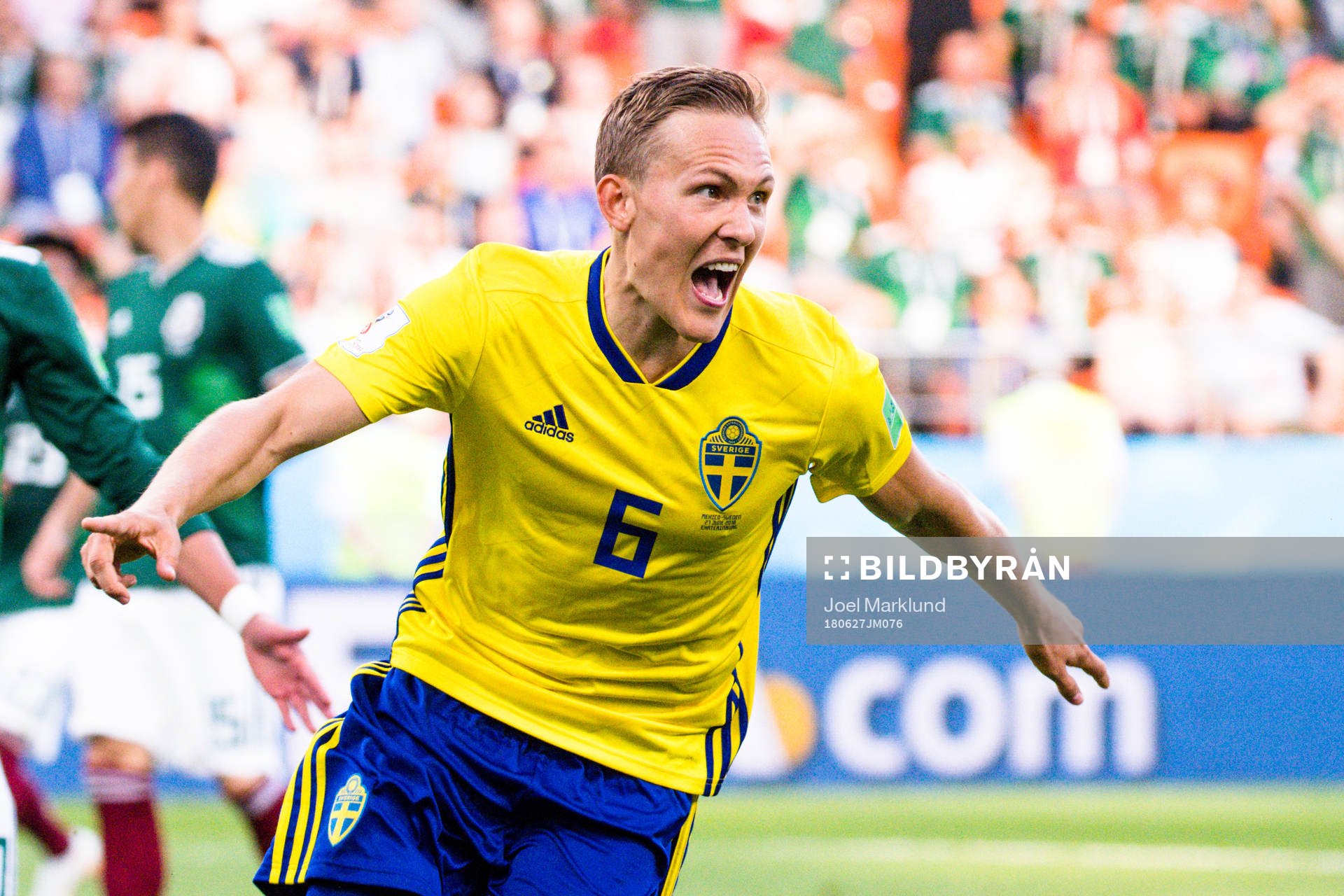 Ludwig Augustinsson of Sweden celebrates after the 0-1 goal during the FIFA World Cup group stage match between Mexico and Sweden on June 27, 2018 in Ekaterinburg.