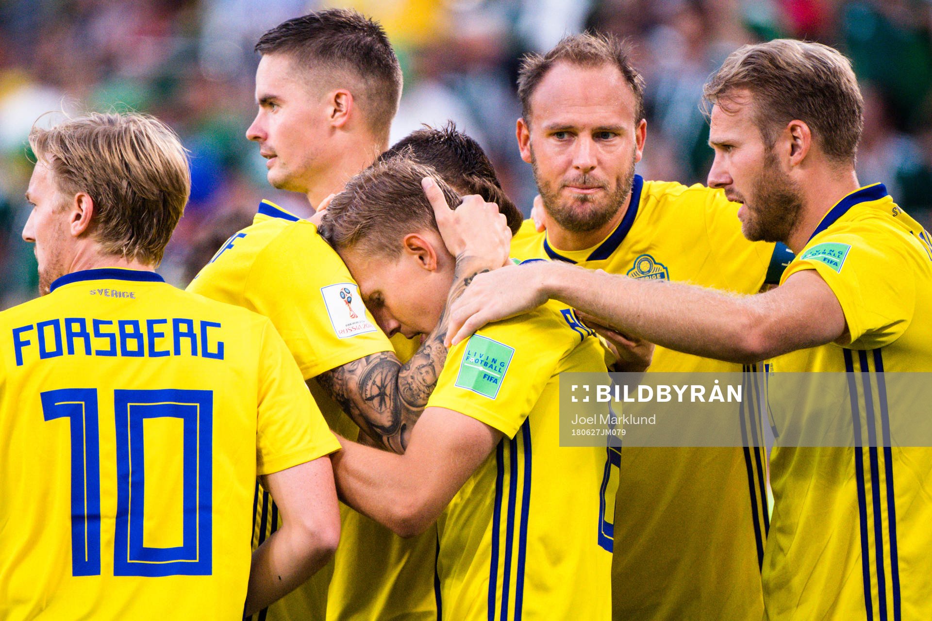 Mikael Lustig, Victor Nilsson Lindelöf, Andreas Granqvist, Emil Forsberg and Ola Toivonen celebrates the 0-1 goal by Ludwig Augustinsson of Sweden during the FIFA World Cup group stage match between Mexico and Sweden on June 27, 2018 in Ekaterinburg.