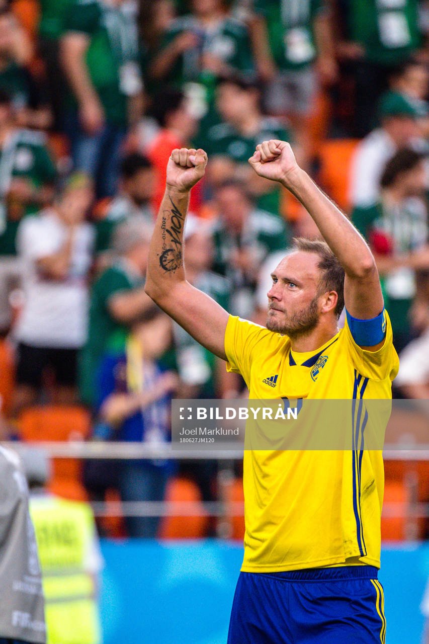 Andreas Granqvist of Sweden celebrates after the FIFA World Cup group stage match between Mexico and Sweden on June 27, 2018 in Ekaterinburg.
