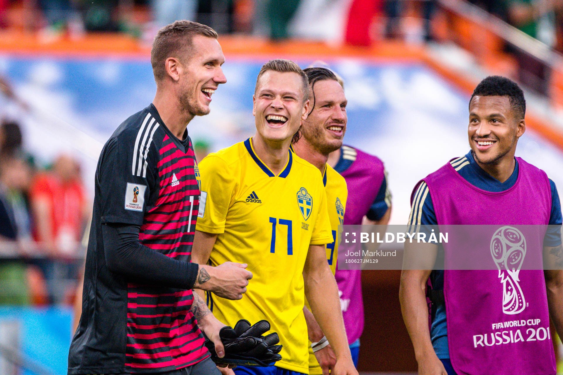 goalkeeper Robin Olsen, Viktor Claesson Martin Olsson of Sweden celebrates after the FIFA World Cup group stage match between Mexico and Sweden on June 27, 2018 in Ekaterinburg.