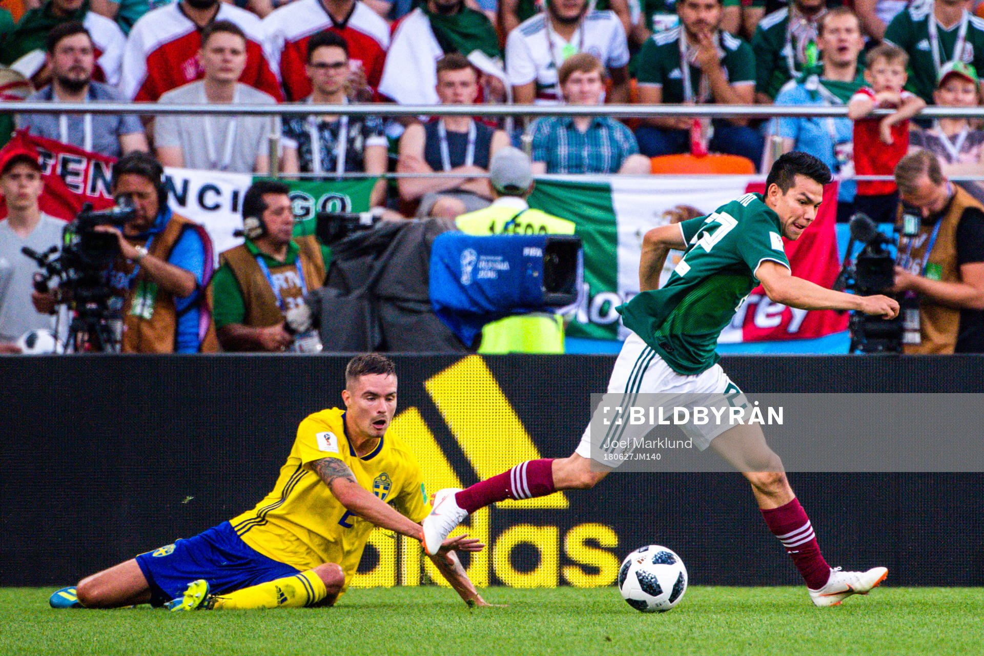 Mikael Lustig of Sweden and Rafael Marquez of Mexico during the FIFA World Cup group stage match between Mexico and Sweden on June 27, 2018 in Ekaterinburg.