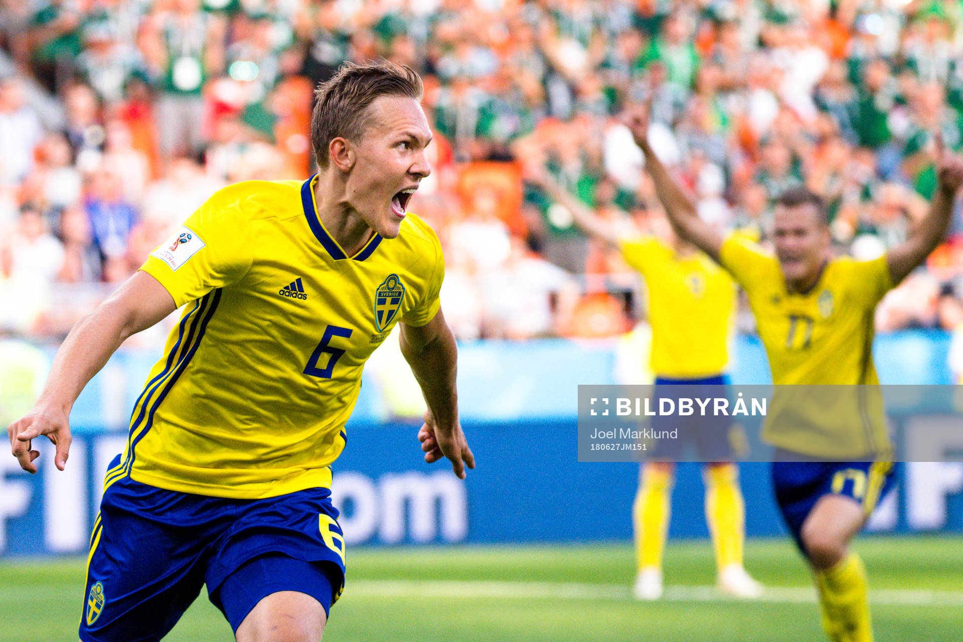Ludwig Augustinsson of Sweden celebrates the 0-1 goal