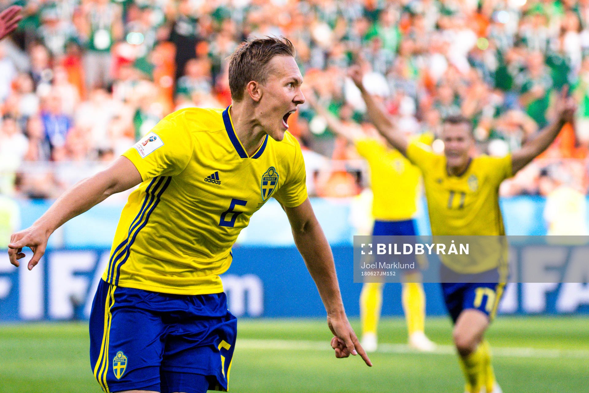 Ludwig Augustinsson of Sweden celebrates the 0-1 goal