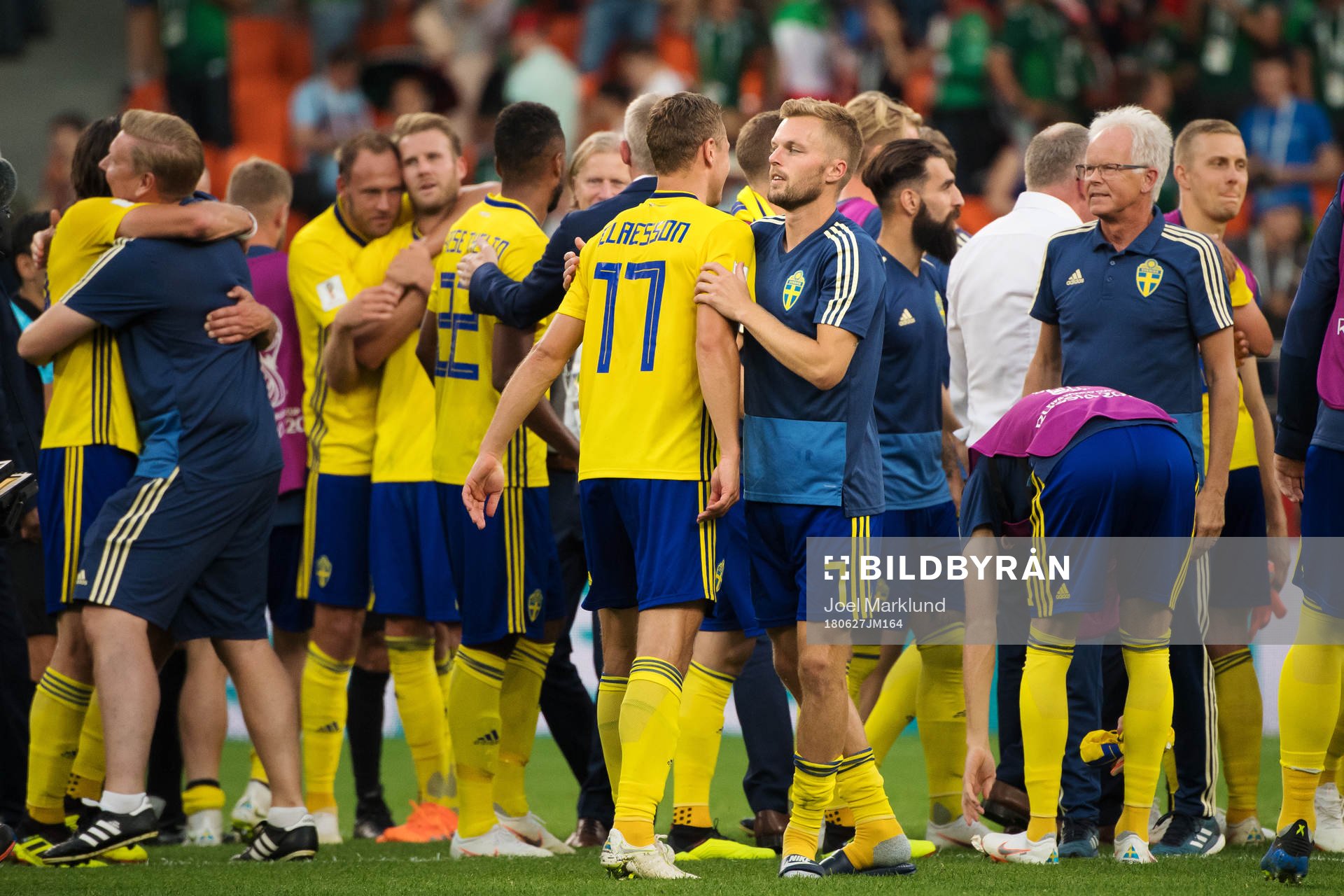 Viktor Claesson and Sebastian Larsson of Sweden celebrates after the FIFA World Cup group stage match between Mexico and Sweden on June 27, 2018 in Ekaterinburg.