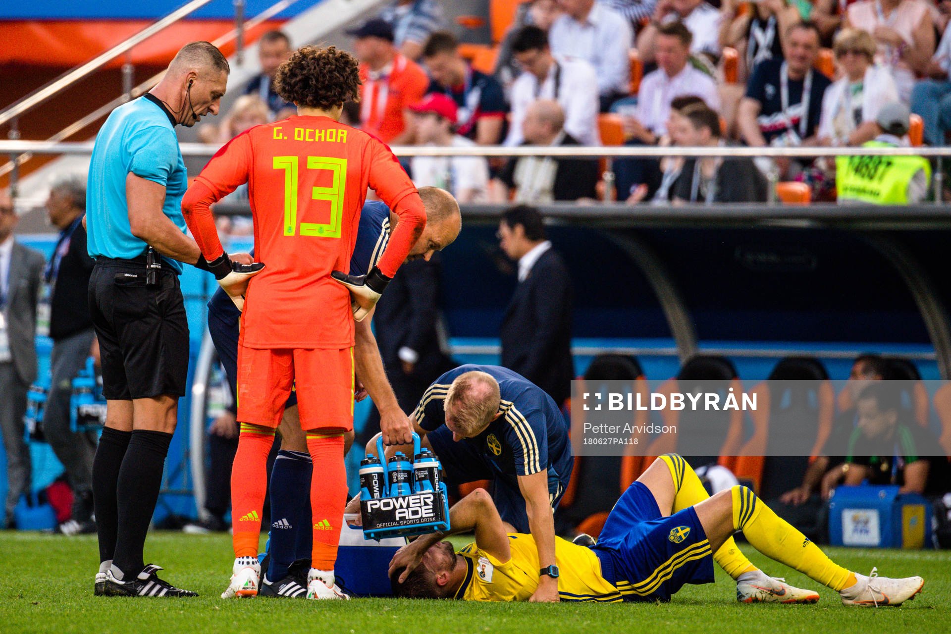 Referee Nestor Pitana and Marcus Berg of Sweden