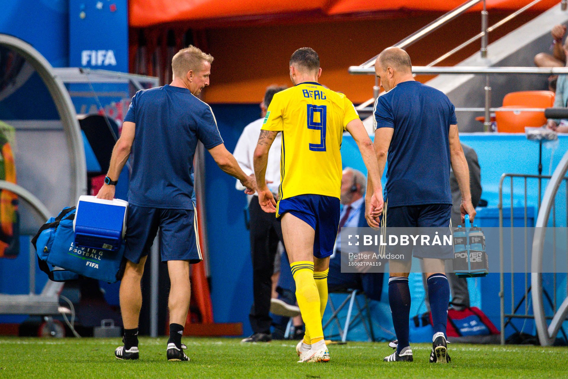 Marcus Berg of Sweden leaves the pitch with a injury