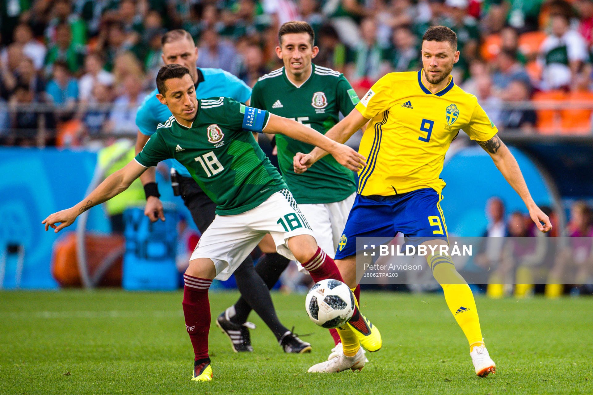 Andres Guardado of Mexico and Marcus Berg of Sweden during the FIFA World Cup group stage match between Mexico and Sweden on June 27, 2018 in Ekaterinburg.