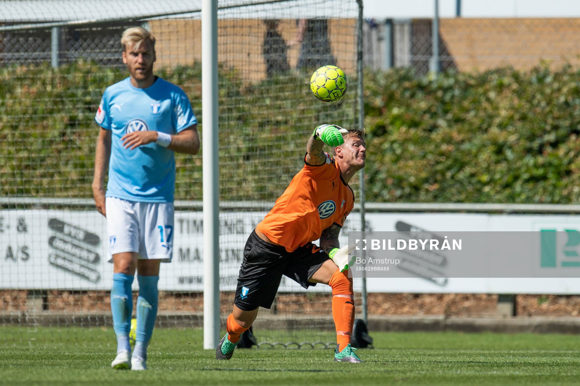 Malmö FFs goalkeeper Johan Dahlin and Rasmus Bengtsson