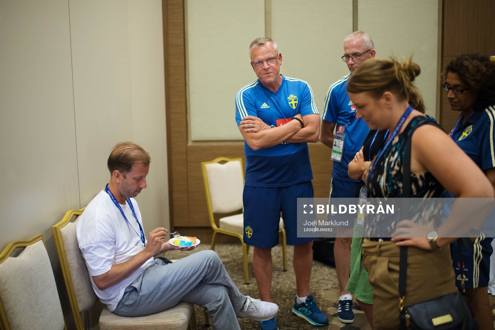 Simon Bank, writer at Aftonbladet, and head coach Janne Andersson of the Swedish national football team after a press conference during the FIFA World Cup on June 30, 2018 in Gelendzhik.