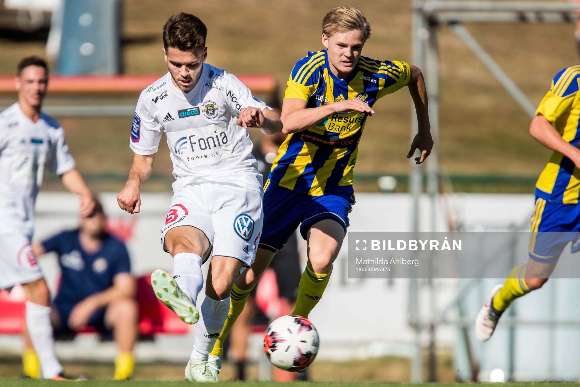 Ängelholms Edis Agelius under fotbollsmatchen i Division 1 mellan Eskilsminne och Ängelholm den 30 juni 2018 i Helsingborg.